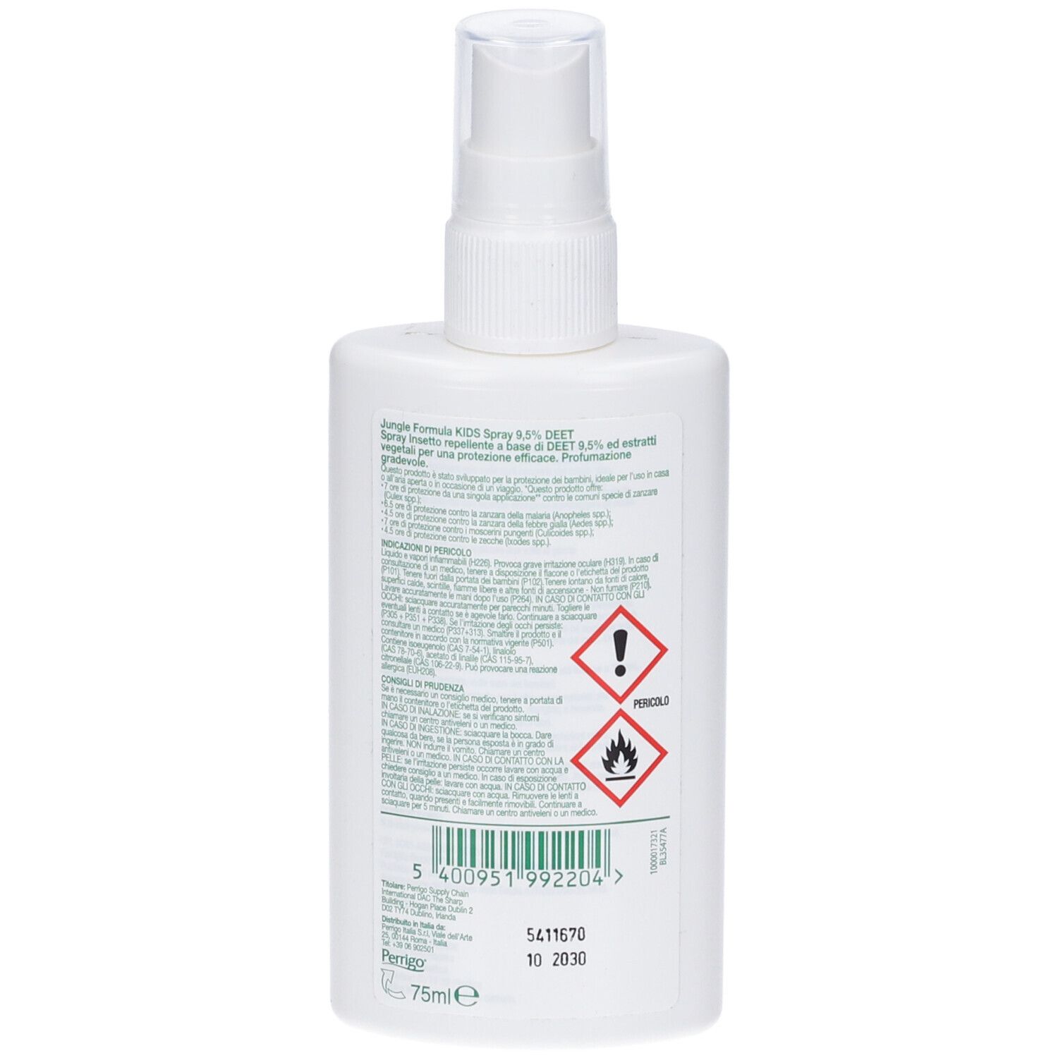 Rückseite der weißen Sprühflasche. Enthält Text, Warnsymbole und einen Barcode. Volumen: 75ml.