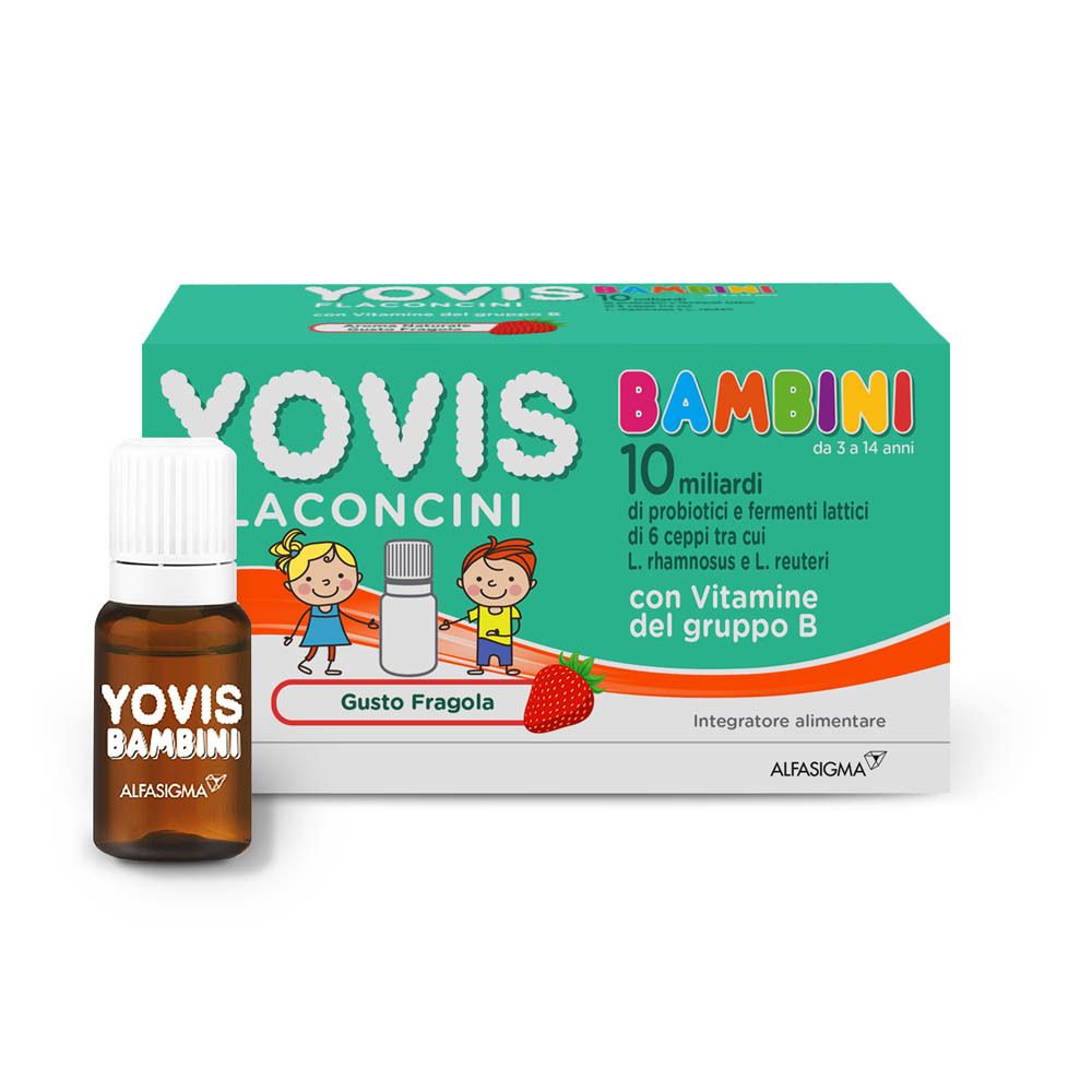 Flacone e confezione Yovis Bambini. Contiene probiotici e vitamine. Gusto fragola.