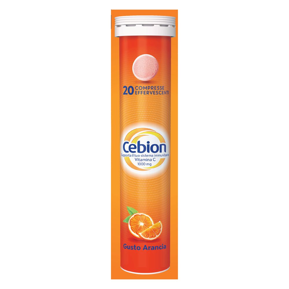 Tubo arancione con 20 compresse effervescenti. Scritta: Cebion, Vitamina C 1000 mg, gusto arancia. Immagine di un'arancia.
