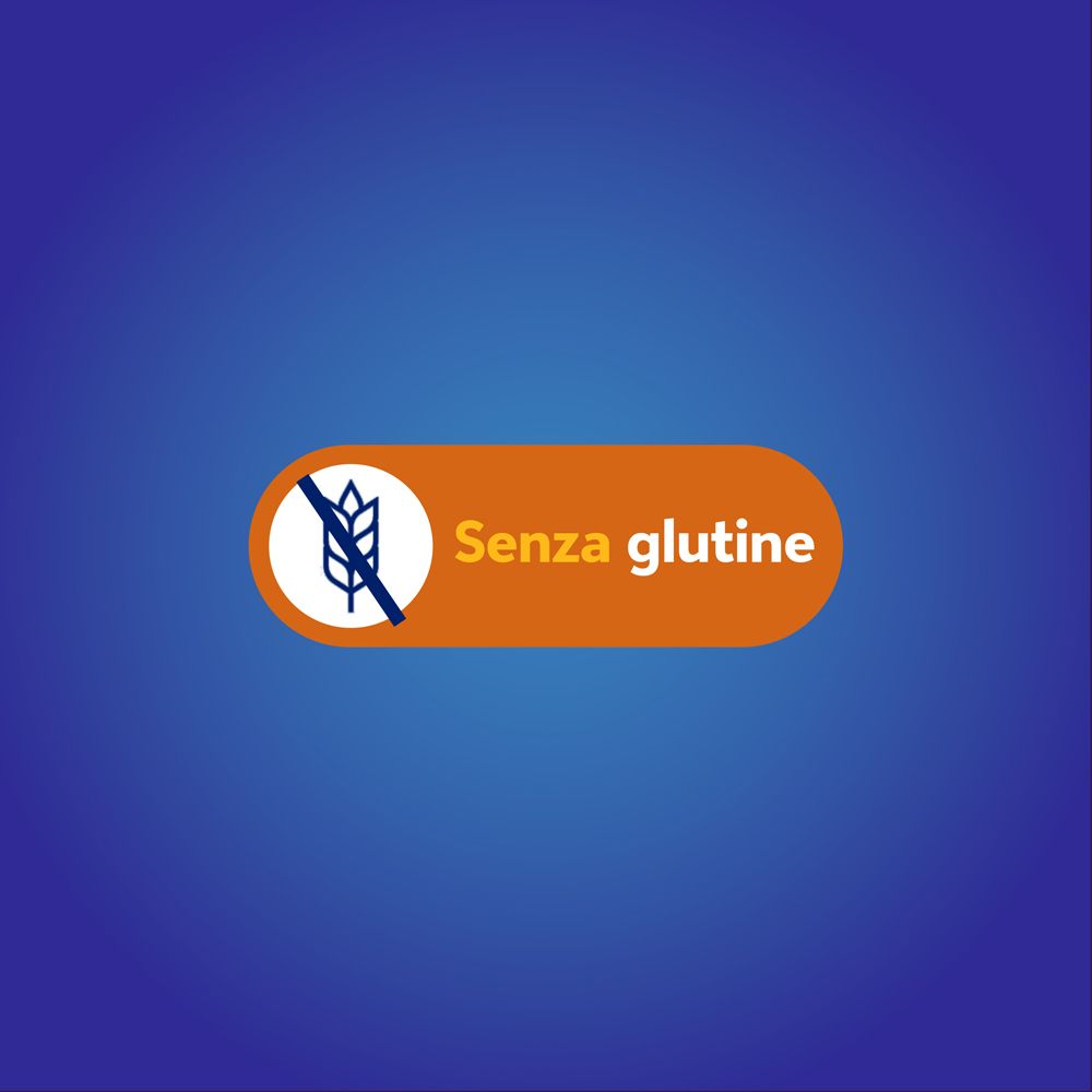 Sfondo blu con un banner giallo. Testo: Senza glutine, con un simbolo senza glutine.