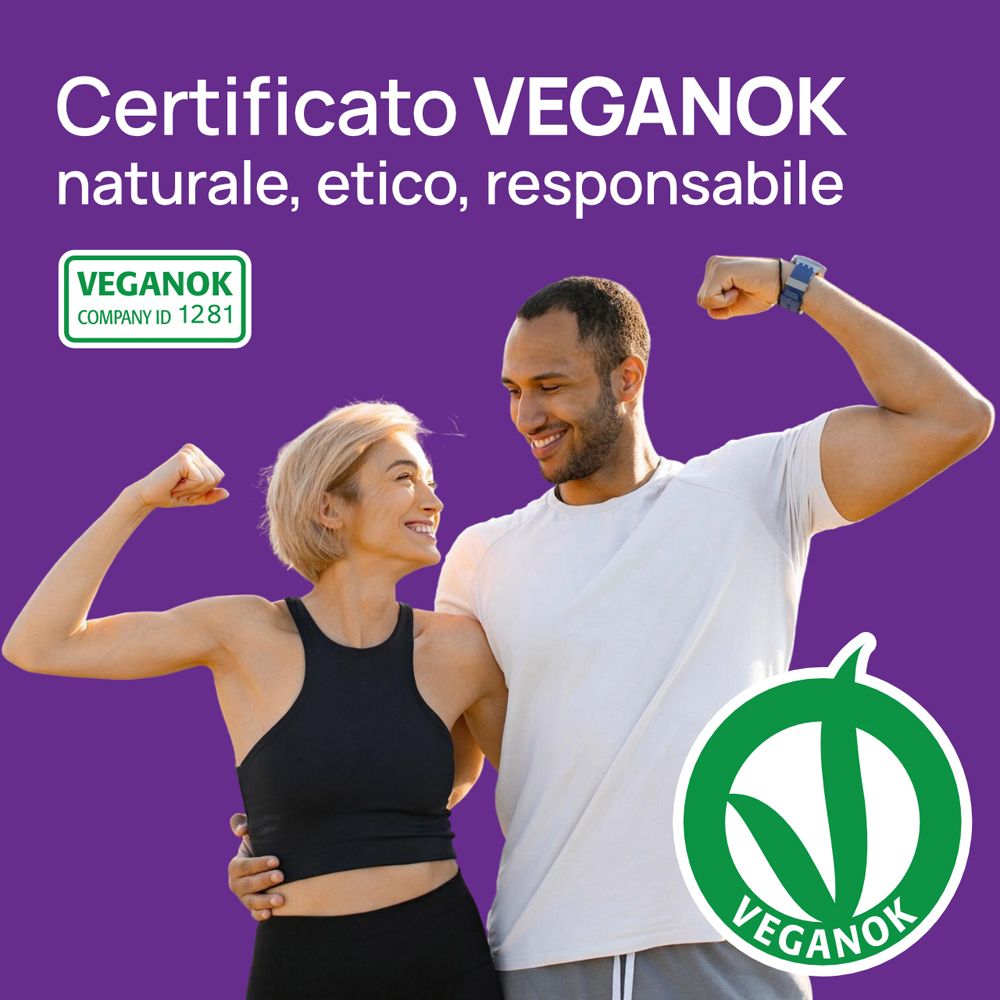 Sportliches Paar lächelt. VEGANOK Zertifikat für natürliche, ethische, verantwortungsvolle Produkte.