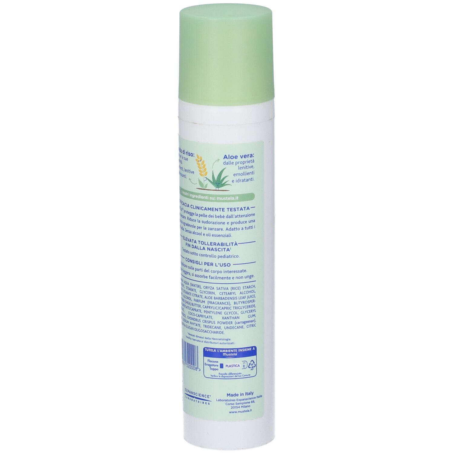 Mustela Babyzzz Fluido Spray. Rückseite der Flasche. Text mit Inhaltsstoffen und Informationen. Grüner Deckel, weißer Behälter.