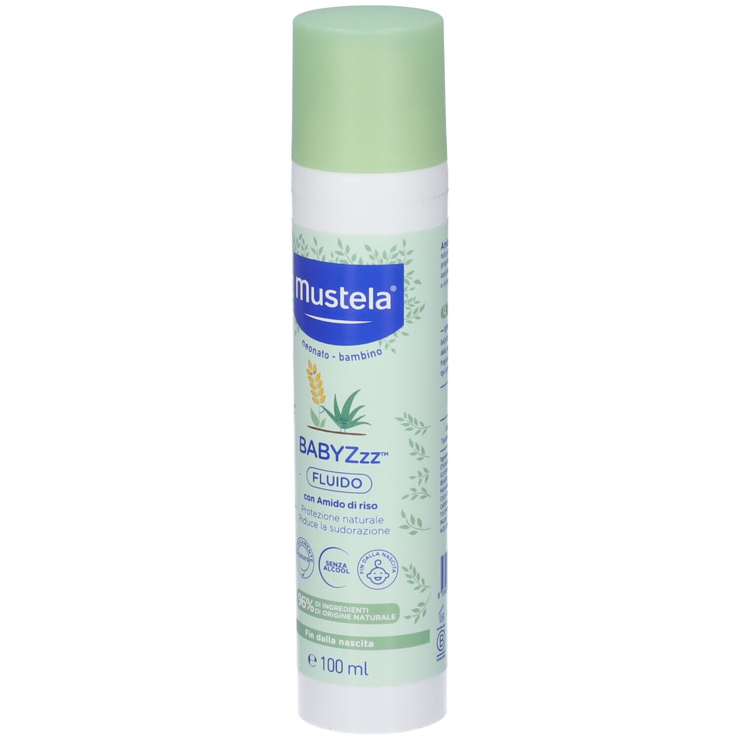 Mustela Babyzzz Fluido Spray. Weiße Flasche mit grünem Deckel. Produktname und Logo auf der Vorderseite. Enthält Reisstärke.