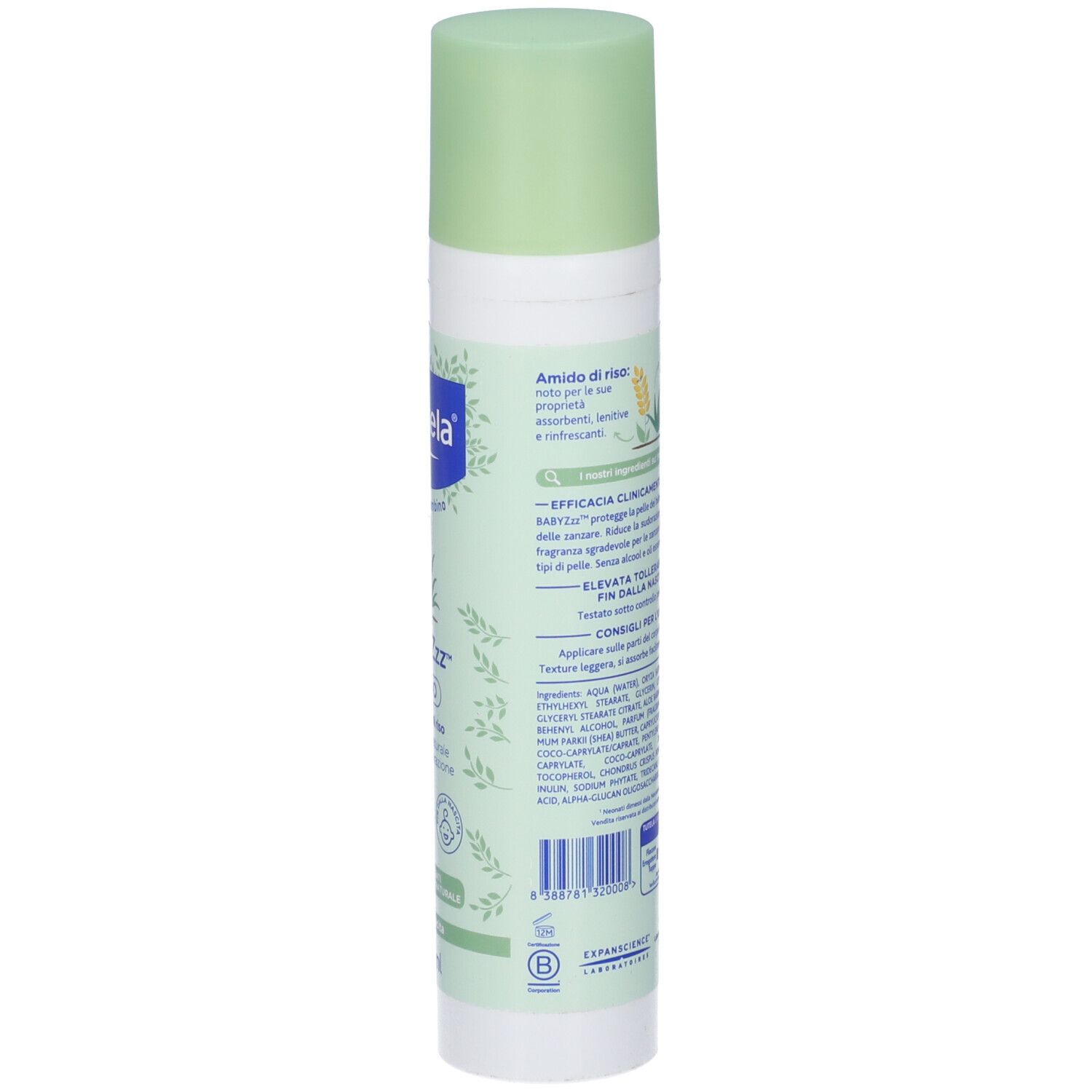 Mustela Babyzzz Fluido Spray. Rückseite der Flasche. Text mit Inhaltsstoffen und Informationen. Grüner Deckel, weißer Behälter.