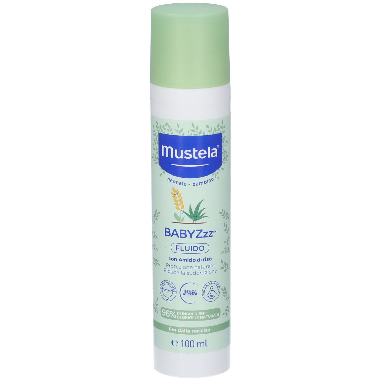 Mustela Babyzzz Fluido Spray. Weiße Flasche mit grünem Deckel. Produktname und Logo auf der Vorderseite. Enthält Reisstärke.