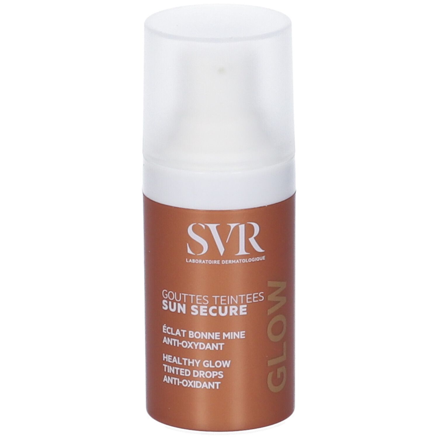 Braune Flasche mit weißem Deckel. Aufschrift: SVR, SUN SECURE, GOUTTES TEINTEES, GLOW. Text: ÉCLAT BONNE MINE, ANTI-OXYDANT, HEALTHY GLOW, TINTED DROPS.