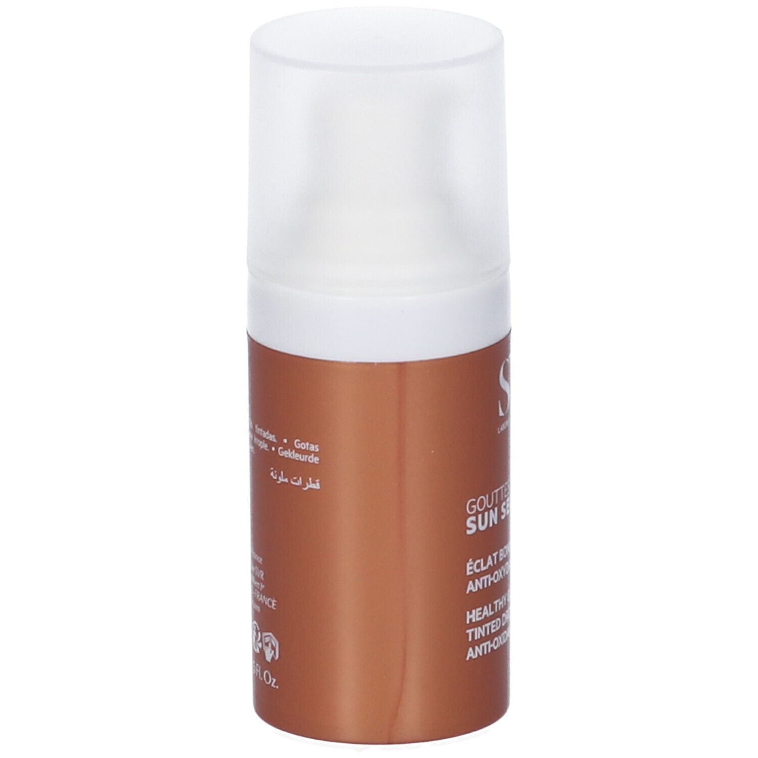 Braune Flasche mit weißem Deckel. Aufschrift: SVR, SUN SECURE, GOUTTES TEINTEES. Text in mehreren Sprachen. Hergestellt in Frankreich. 15ml - 0.5 Fl Oz.