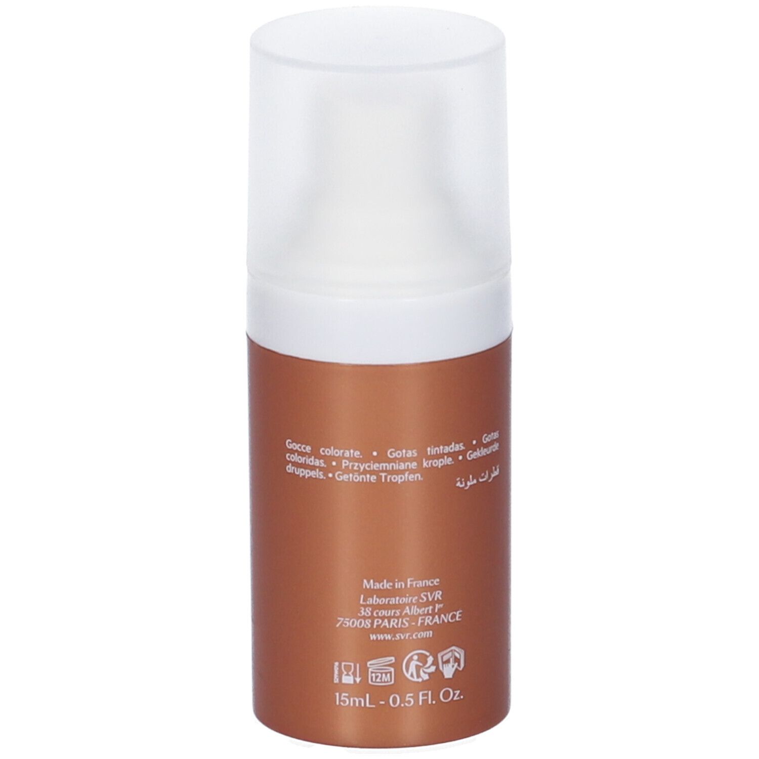 Braune Flasche mit weißem Deckel. Aufschrift: SVR, SUN SECURE, GOUTTES TEINTEES. Text in mehreren Sprachen. Hergestellt in Frankreich. 15ml - 0.5 Fl Oz.