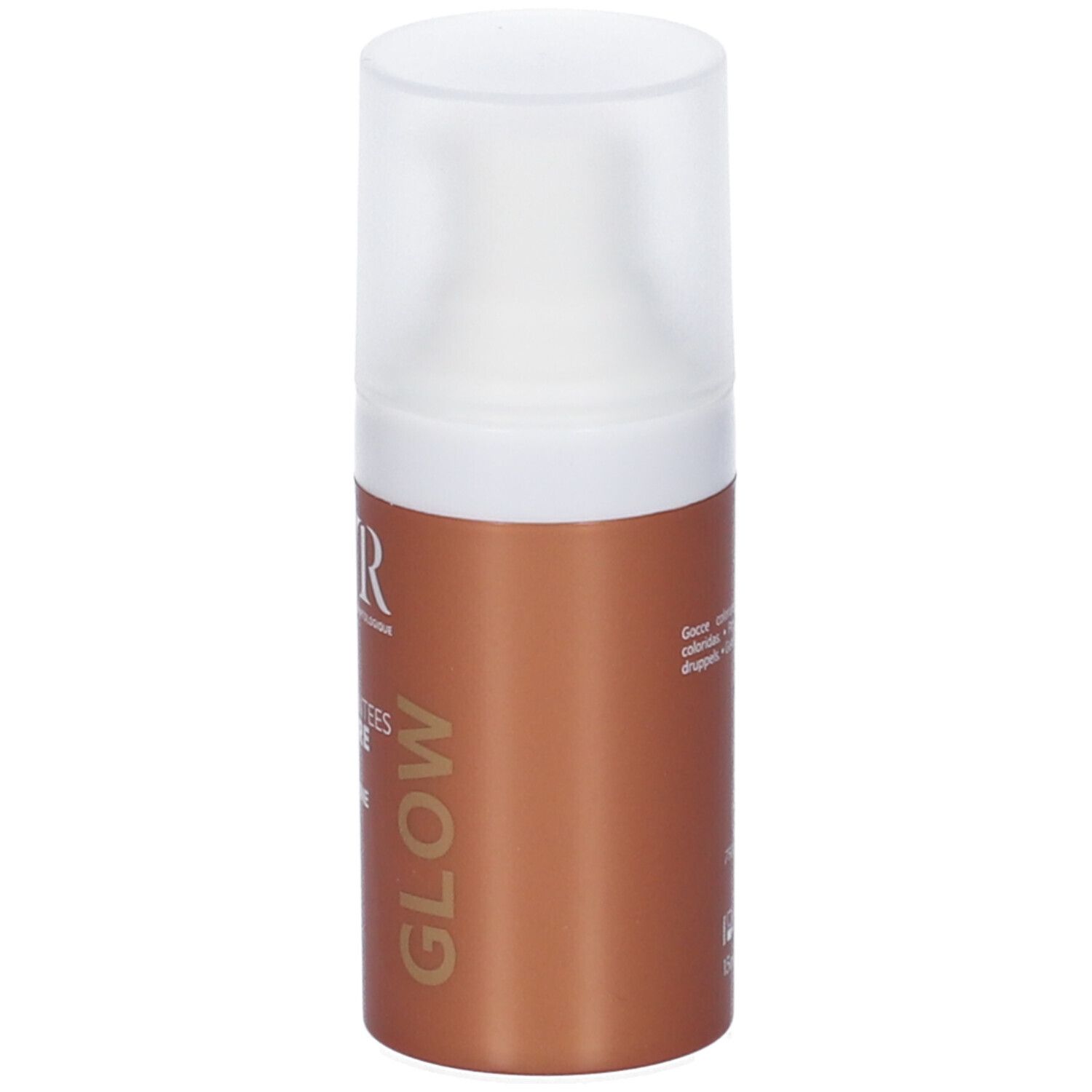 Braune Flasche mit weißem Deckel. Aufschrift: SVR, SUN SECURE, GOUTTES TEINTEES, GLOW. Text: ÉCLAT BONNE MINE, ANTI-OXYDANT, HEALTHY GLOW, TINTED DROPS.