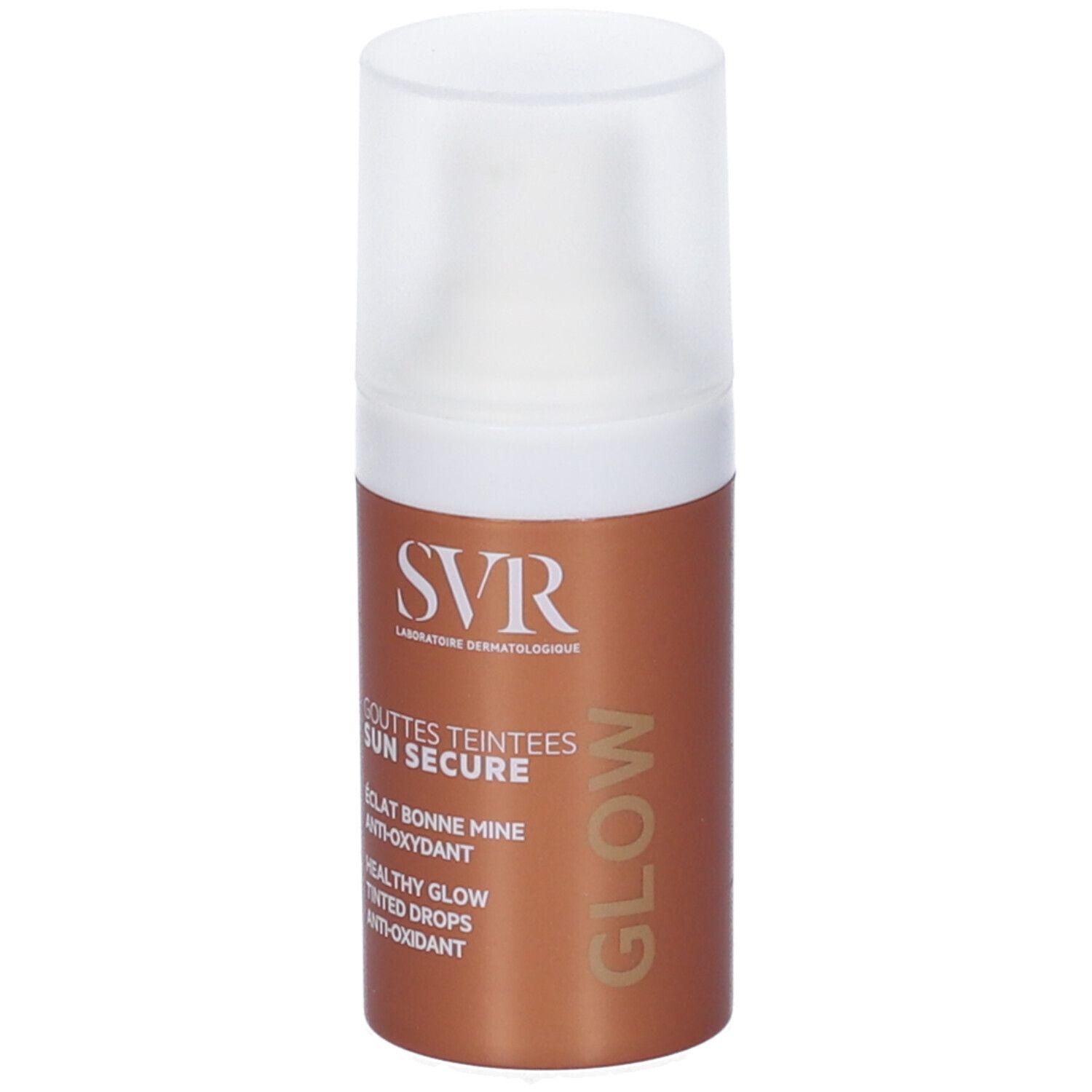 Braune Flasche mit weißem Deckel. Aufschrift: SVR, SUN SECURE, GOUTTES TEINTEES, GLOW. Text: ÉCLAT BONNE MINE, ANTI-OXYDANT, HEALTHY GLOW, TINTED DROPS.