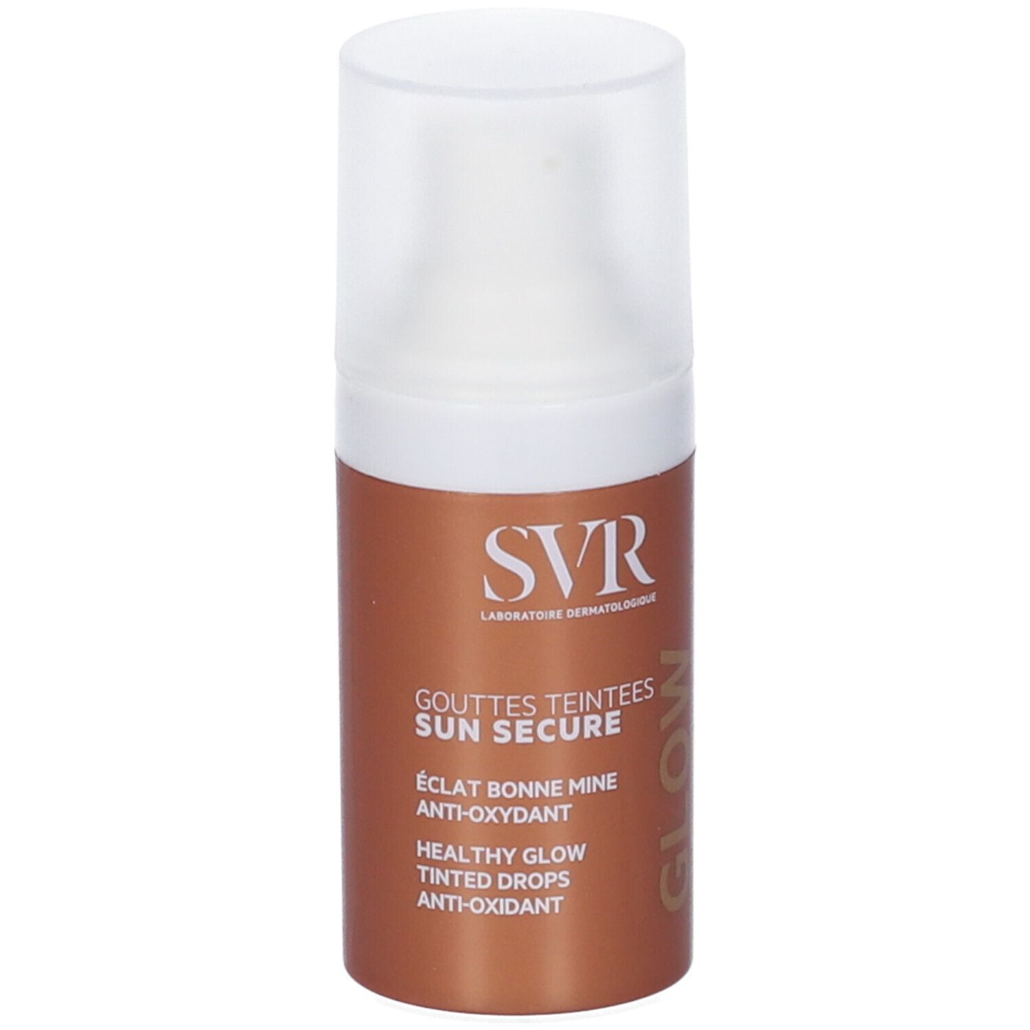 Braune Flasche mit weißem Deckel. Aufschrift: SVR, SUN SECURE, GOUTTES TEINTEES, GLOW. Text: ÉCLAT BONNE MINE, ANTI-OXYDANT, HEALTHY GLOW, TINTED DROPS.