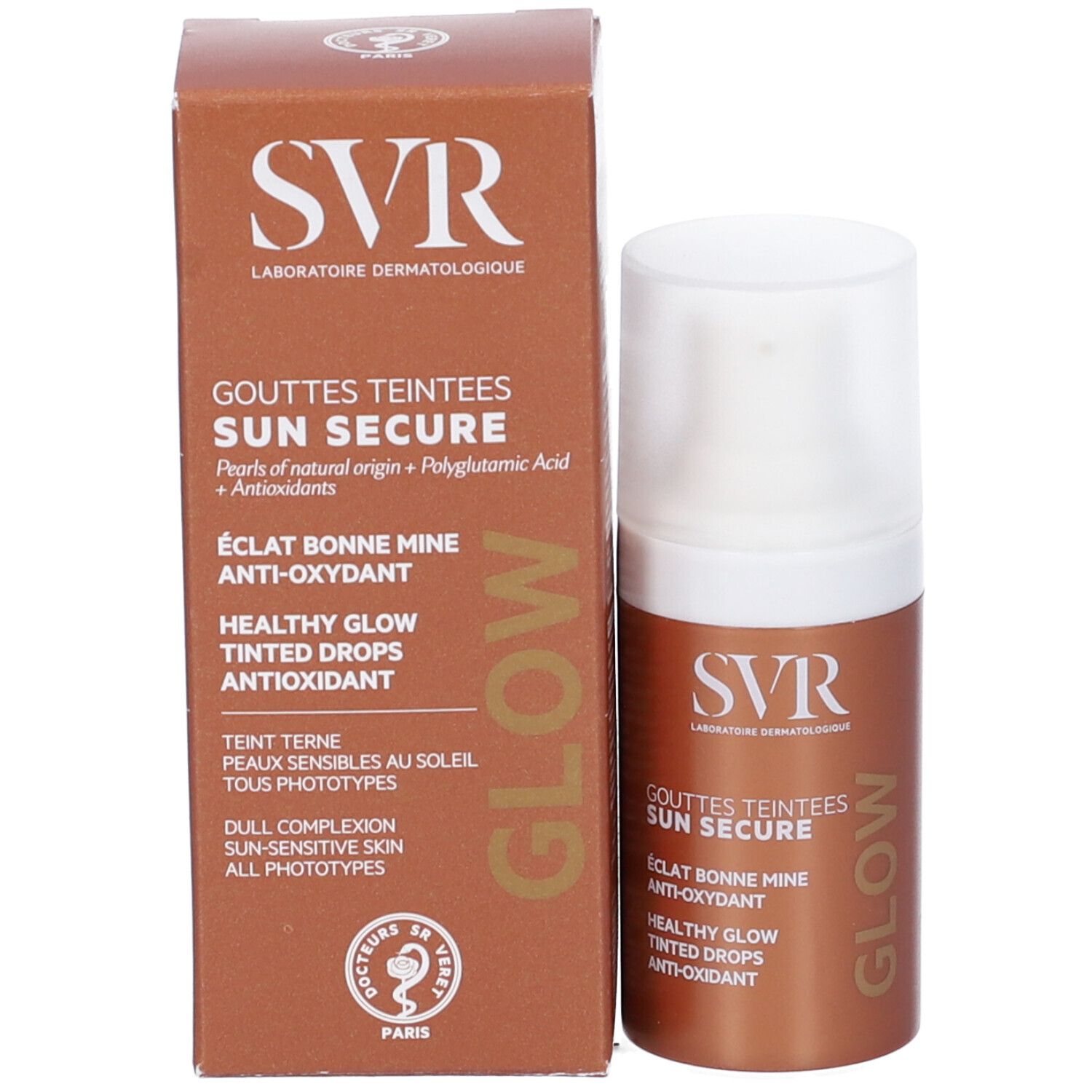 Produkt und Verpackung. Braune Schachtel und Flasche. Aufschrift: SVR, SUN SECURE, GOUTTES TEINTEES, GLOW. Text: ÉCLAT BONNE MINE, ANTI-OXYDANT, HEALTHY GLOW.