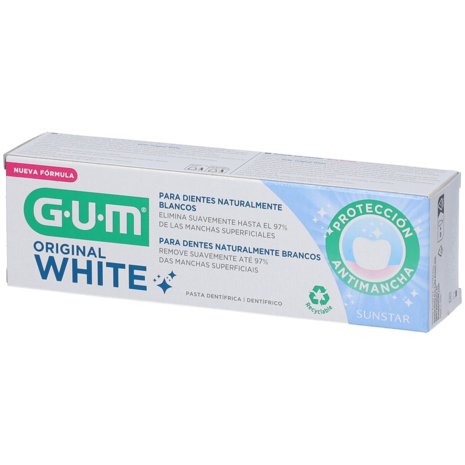 GUM Original White Zahnpasta-Verpackung mit Aufdruck 'Nueva Fórmula' und 'Protección Antimanchan'.