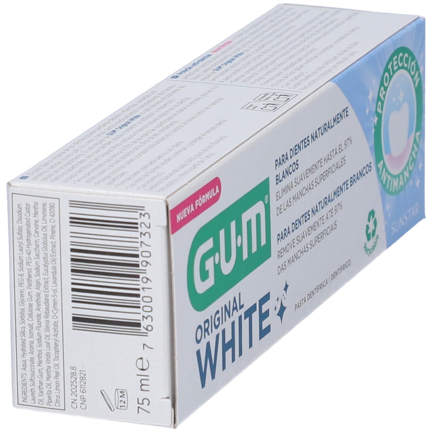 GUM Original White Zahnpastapaket, 75 ml. Weiße Schrift auf grünem und weißem Karton.