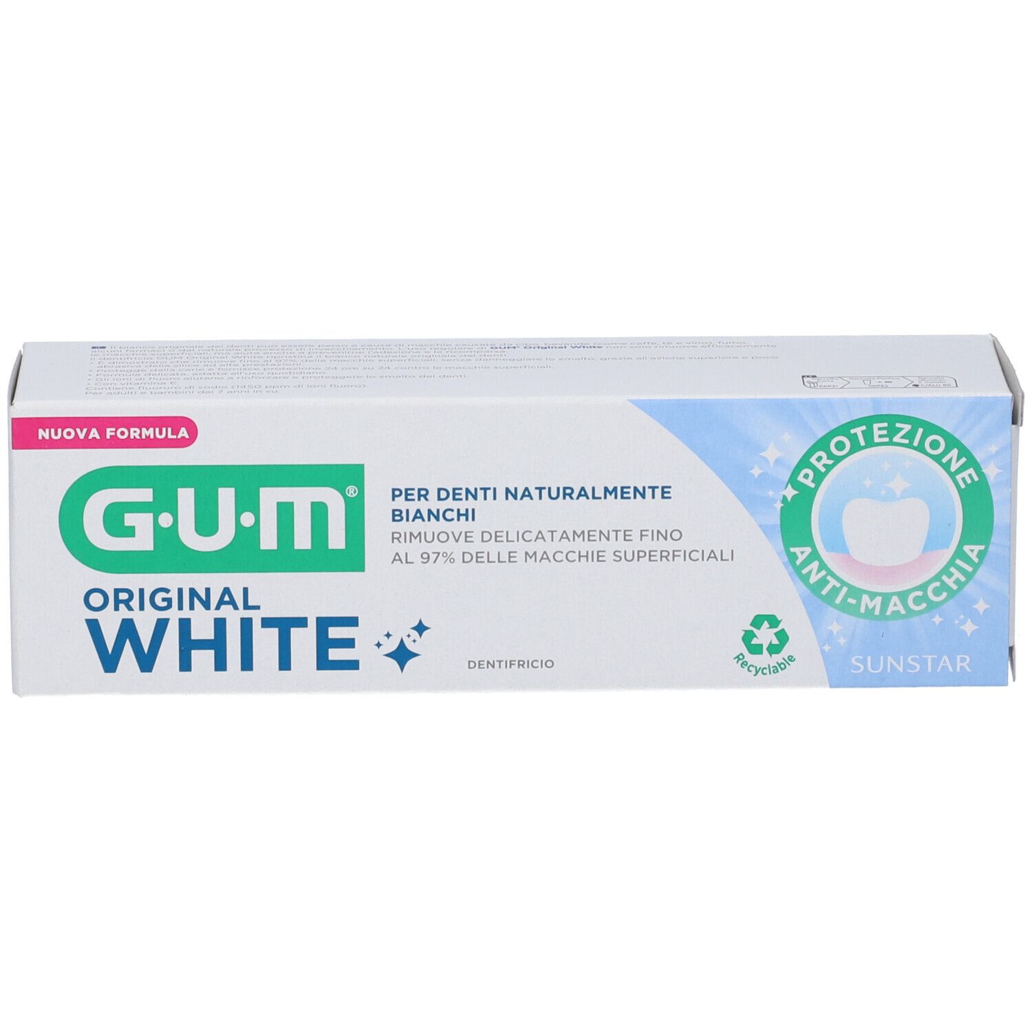 GUM Original White Zahnpasta-Karton. Neue Formel für natürlich weiße Zähne, entfernt sanft bis zu 97% oberflächliche Verfärbungen. Sunstar.