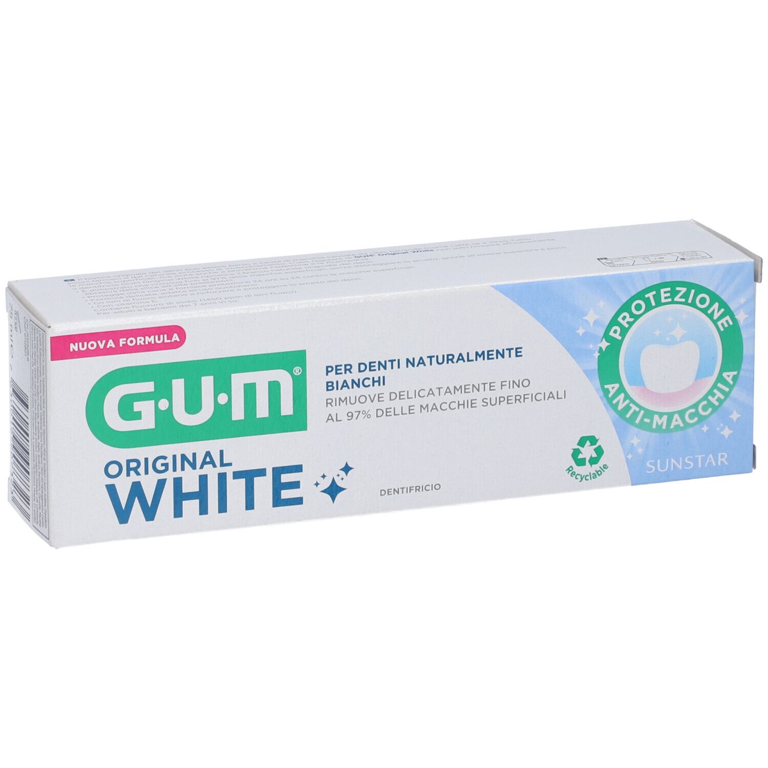 GUM Original White Zahnpasta-Karton. Neue Formel für natürlich weiße Zähne. Entfernt sanft oberflächliche Verfärbungen.