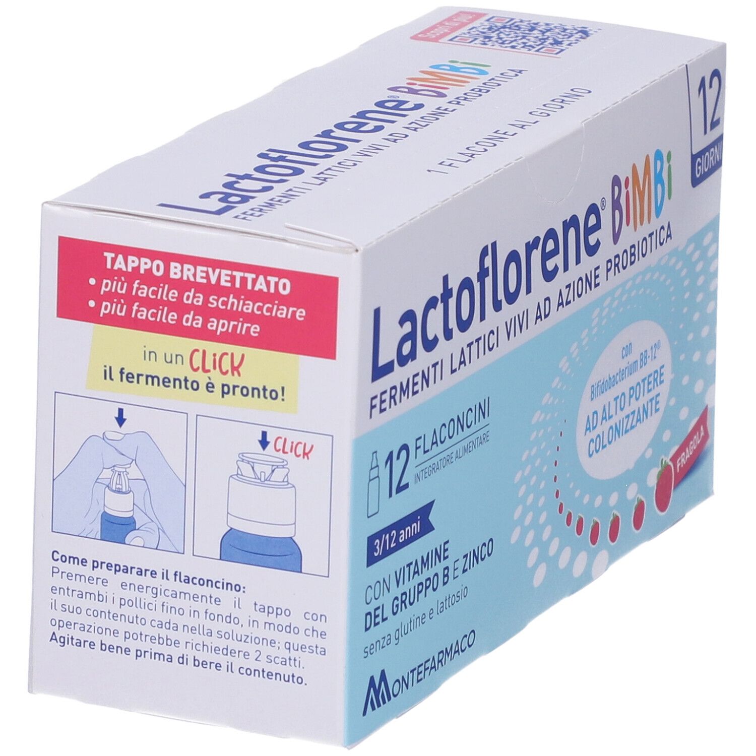 Lactoflorene Bimbi-Verpackung. Illustration zur Anwendung des Fläschchens. Text über den patentierten Verschluss.