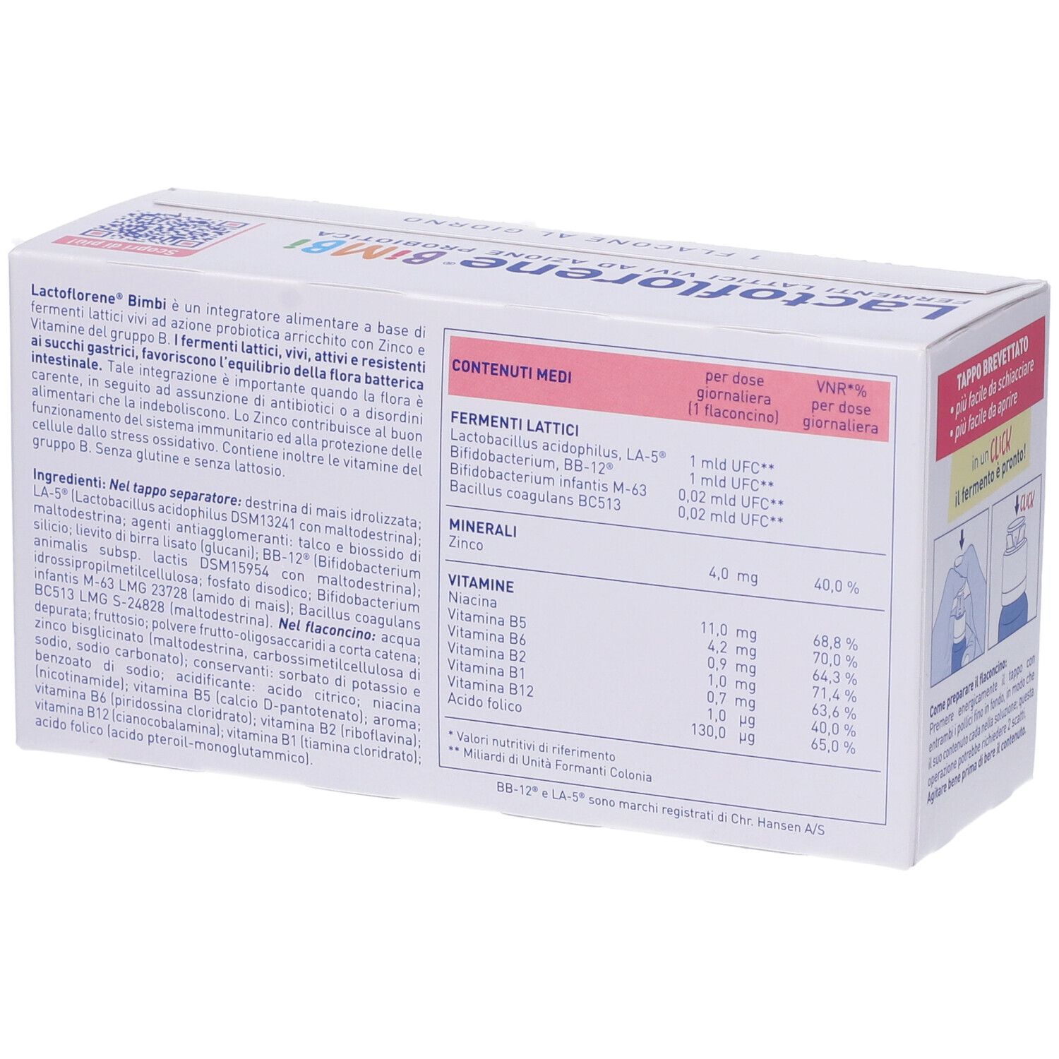 Rückseite der Lactoflorene Bimbi-Verpackung. Enthält Informationen zu Inhaltsstoffen und Nährwerten.