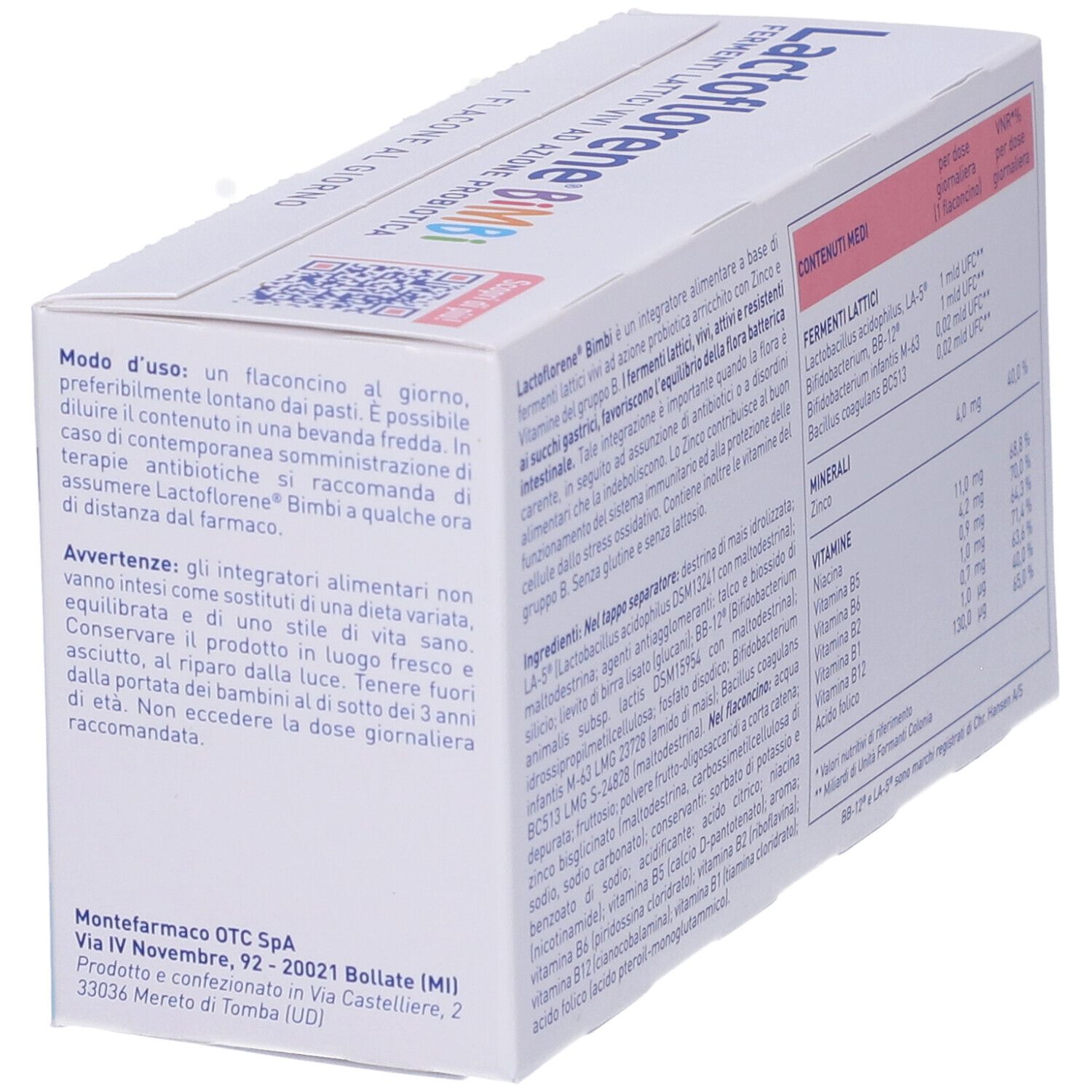 Rückseite der Lactoflorene Bimbi-Verpackung. Enthält Informationen zur Anwendung und Warnhinweise.