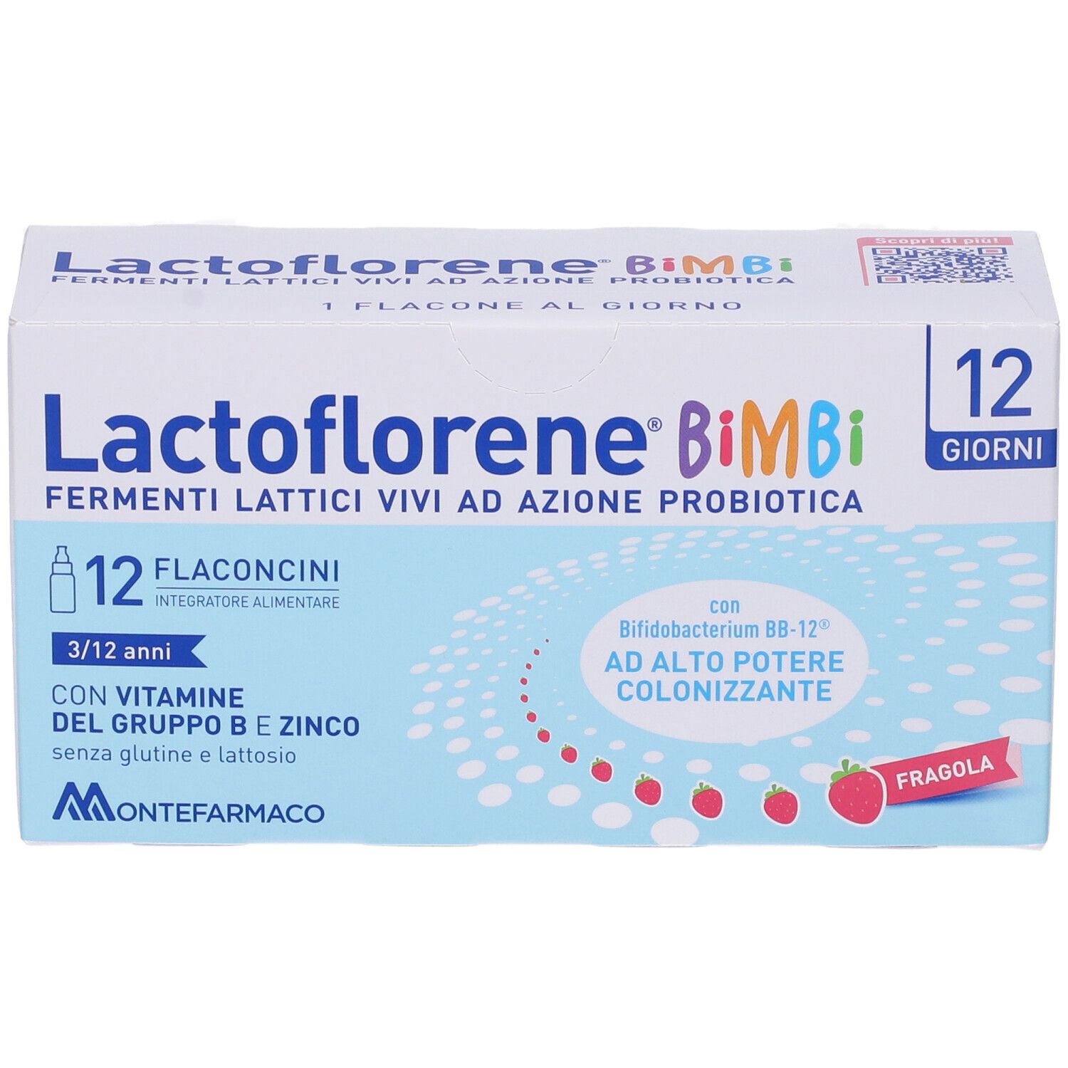 Lactoflorene Bimbi-Verpackung. Blaue und weiße Schachtel mit Produktnamen und Inhaltsangaben.