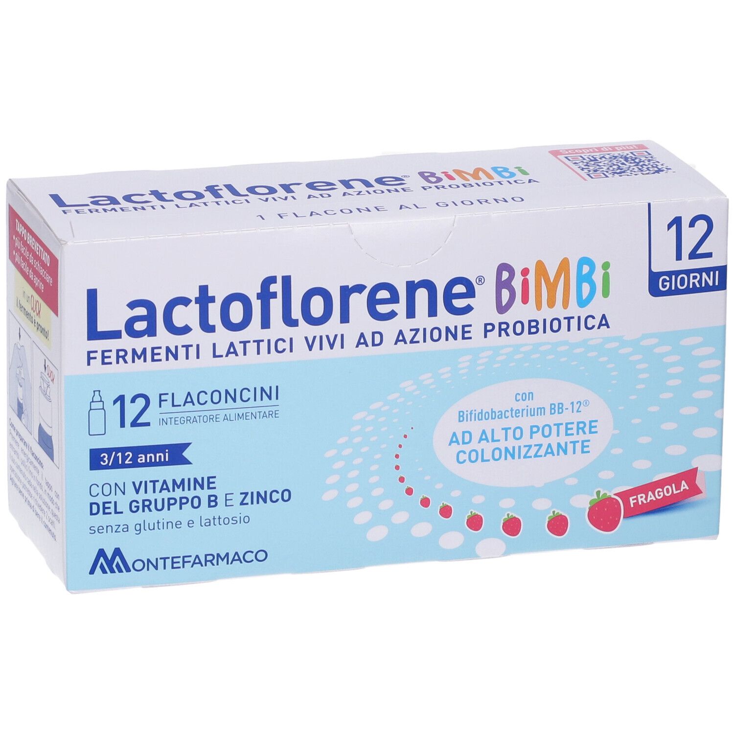 Lactoflorene Bimbi-Verpackung. Blaue und weiße Schachtel mit Produktnamen und Inhaltsangaben.