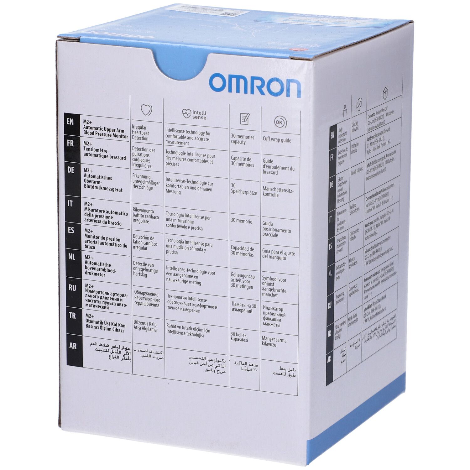 Omron M2 Plus Oberarm-Blutdruckmessgerät-Verpackung mit abgebildetem Gerät und Manschette.