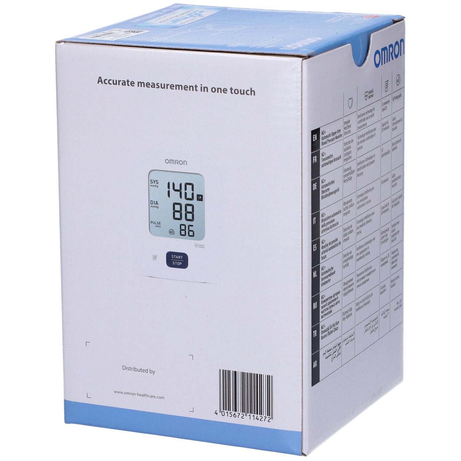 Omron M2 Plus Oberarm-Blutdruckmessgerät-Verpackung mit abgebildetem Gerät und Manschette.