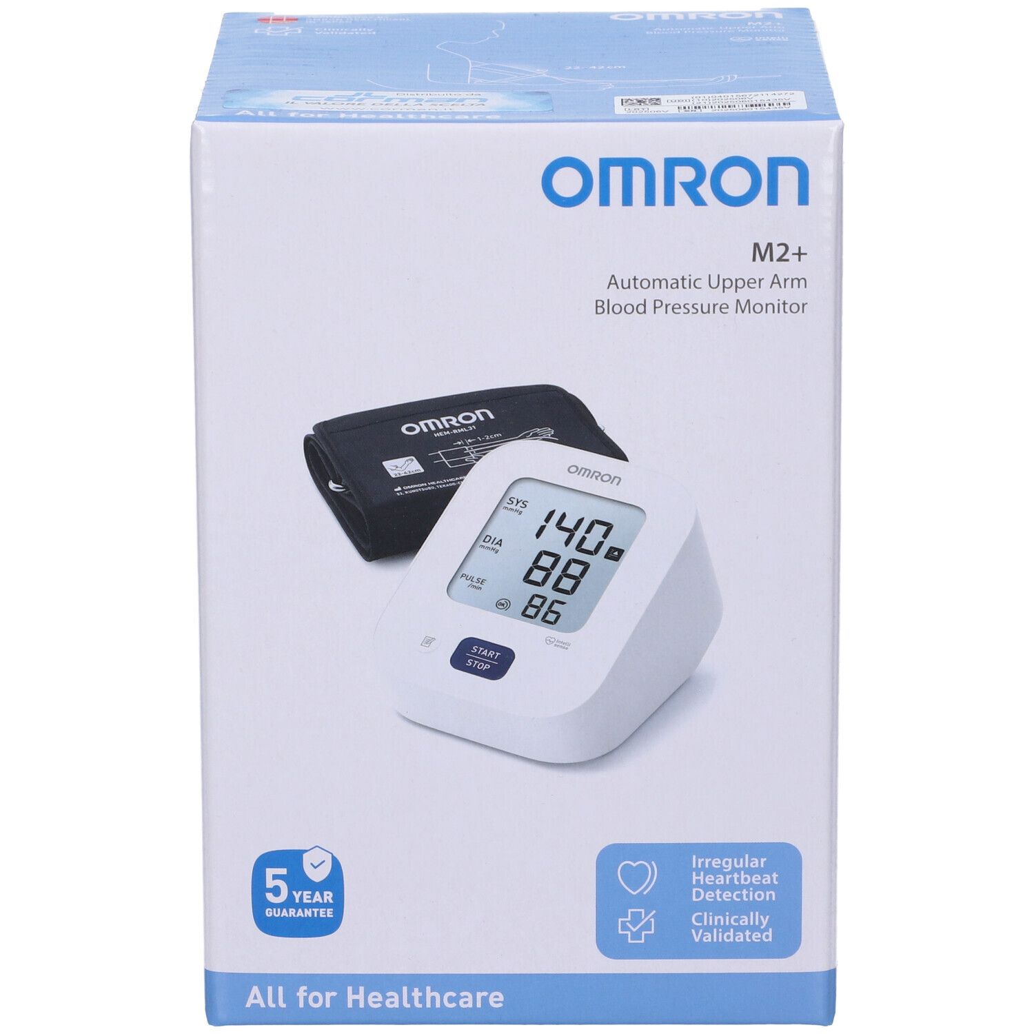 Omron M2 Plus Oberarm-Blutdruckmessgerät auf Verpackung.