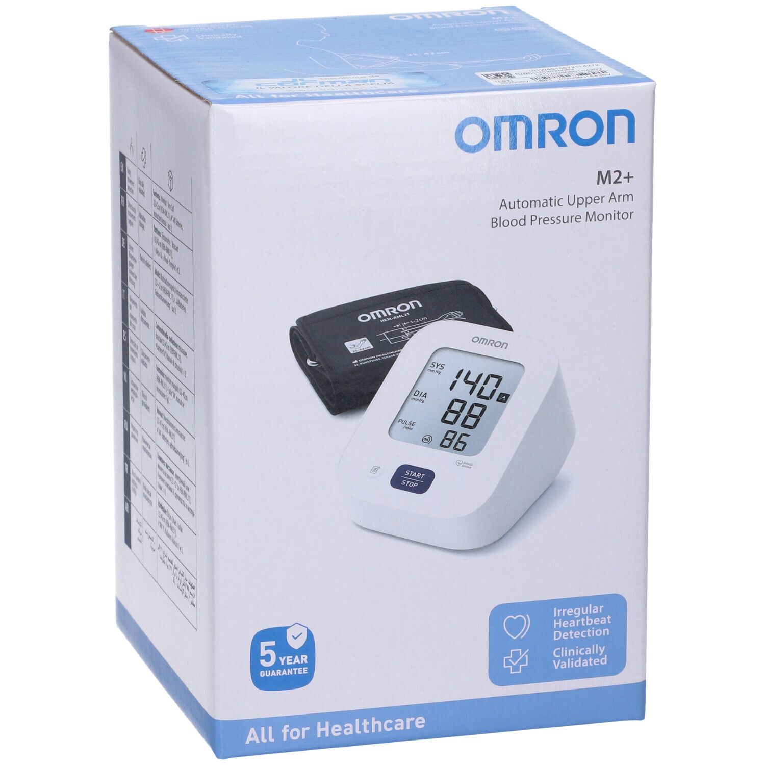 Omron M2 Plus Oberarm-Blutdruckmessgerät auf Verpackung.