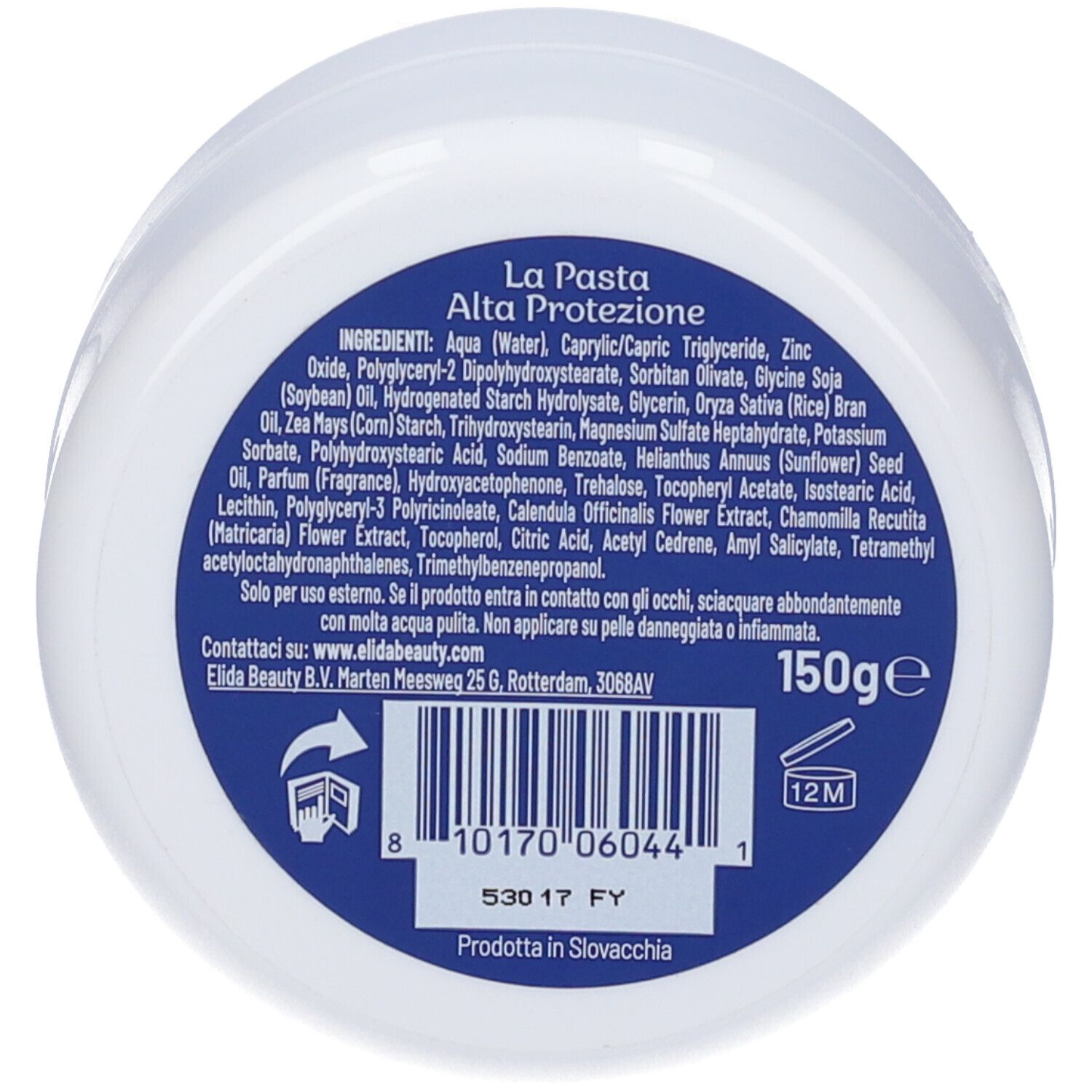 Runde Dose, Rückseite mit Inhaltsstoffen und Text. Aufschrift: 150ge. 12M-Symbol. Barcode.