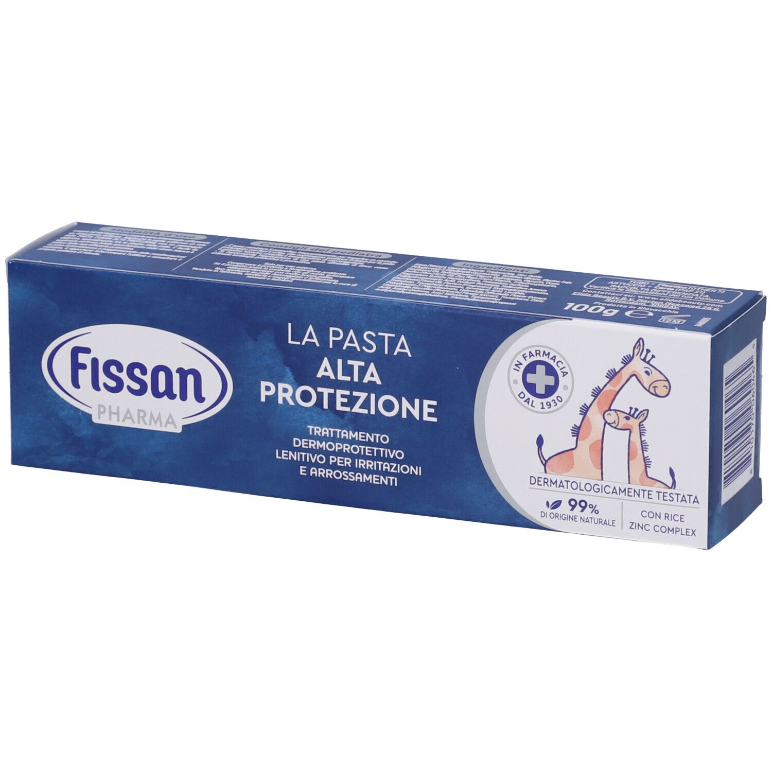 Verpackung von Fissan Pharma La Pasta Alta Protezione. Blaue Schachtel mit Produktnamen und Logo. Giraffen-Illustration.