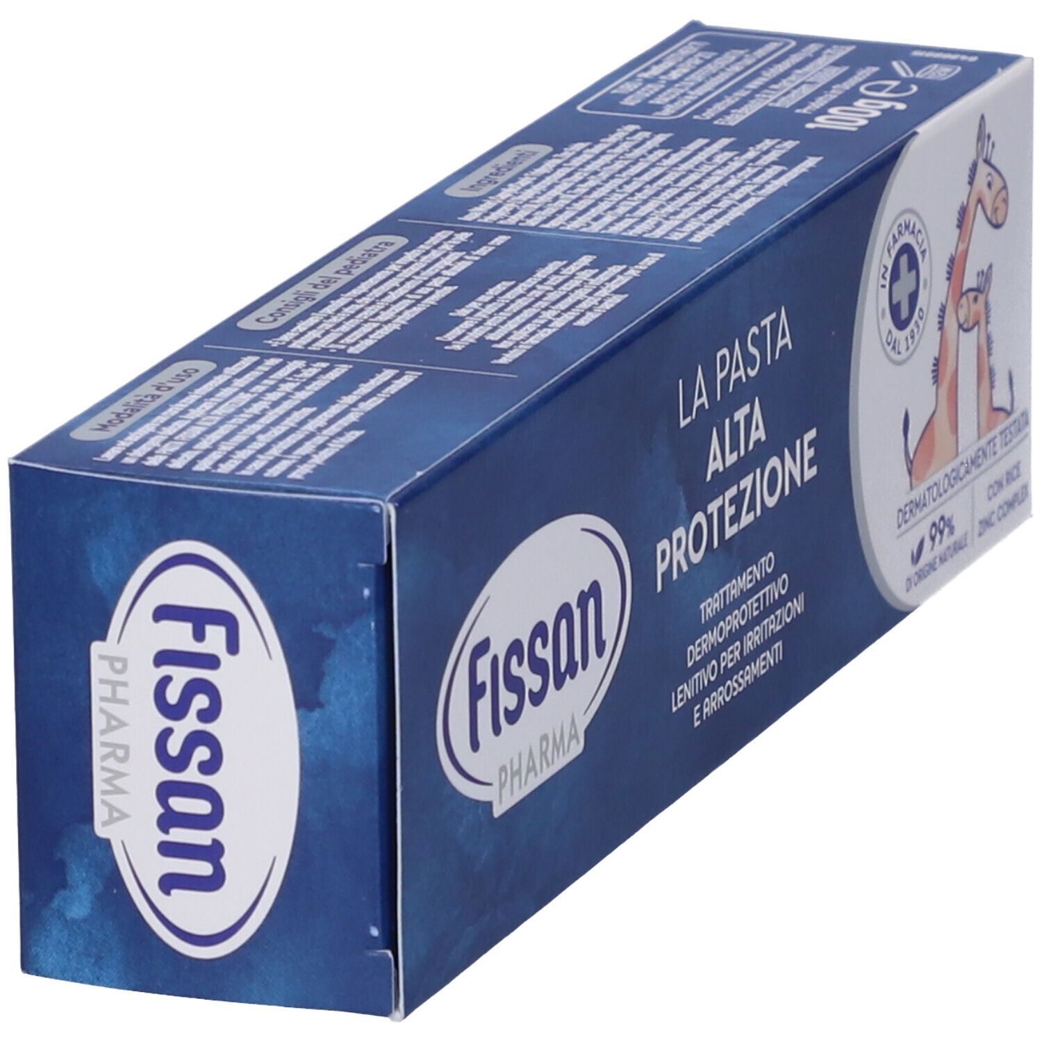 Verpackung von Fissan Pharma La Pasta Alta Protezione. Blaue Schachtel, Produktname und Logo sichtbar. Giraffen-Illustration.