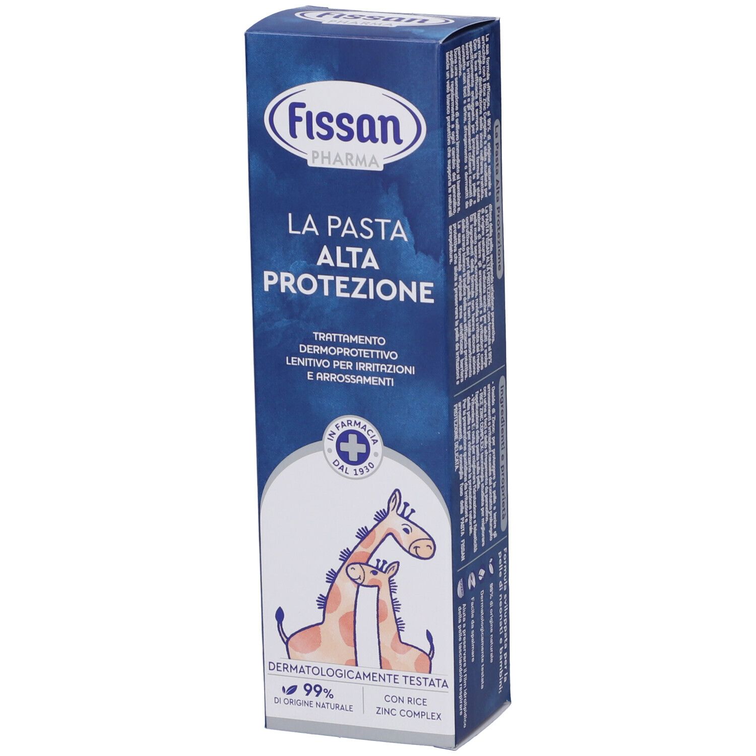 Verpackung von Fissan Pharma La Pasta Alta Protezione. Blaue Schachtel mit Produktnamen und Logo. Giraffen-Illustration.
