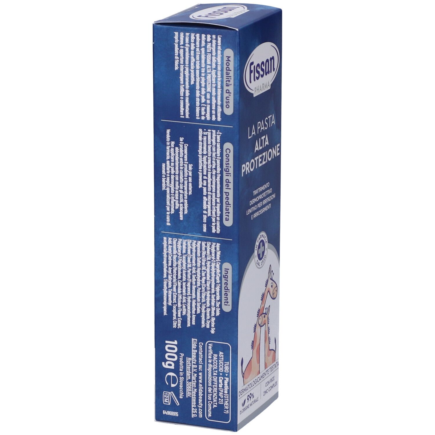 Verpackung von Fissan Pharma La Pasta Alta Protezione. Blaue Schachtel, Produktinformationen und Logo sichtbar. Giraffen-Illustration.