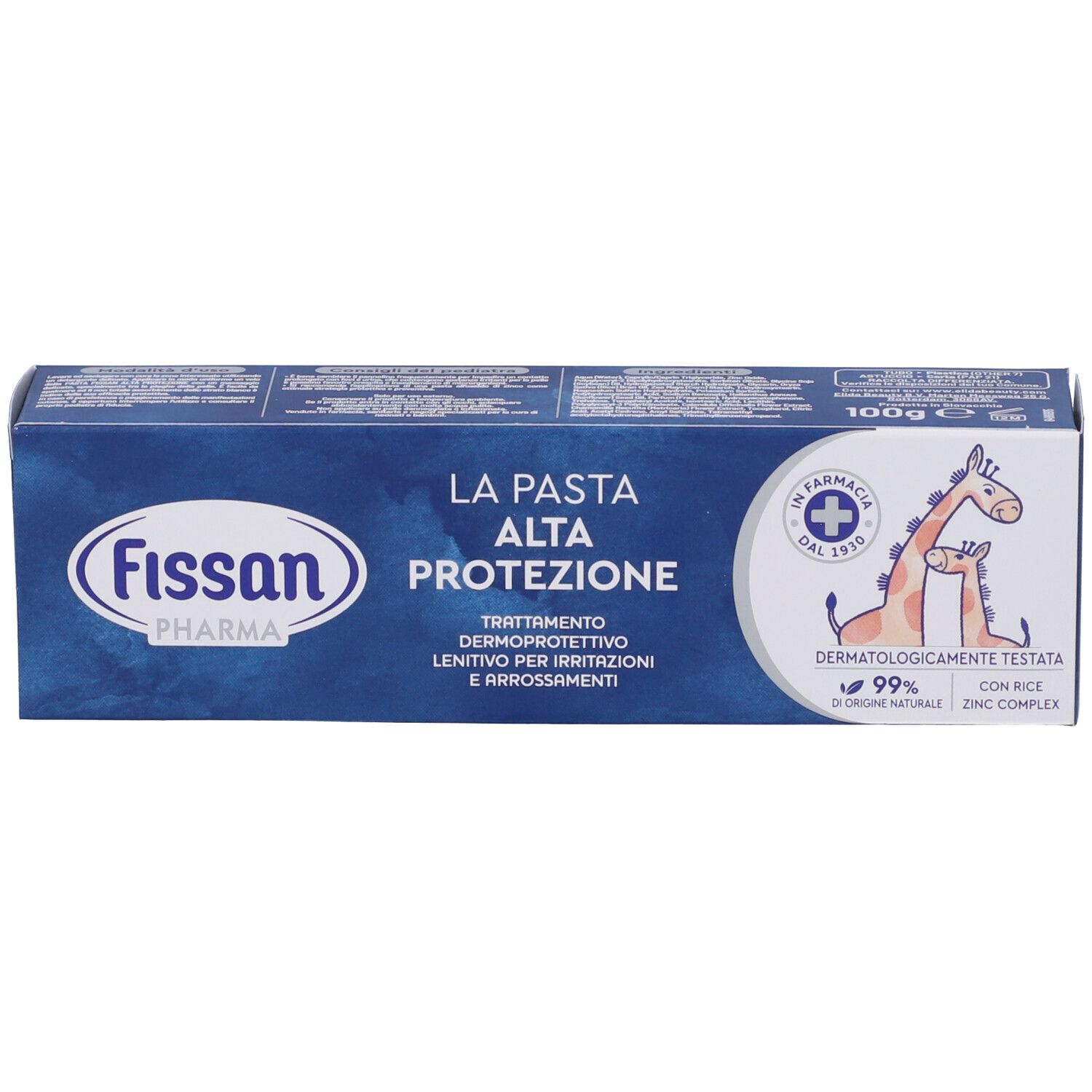 Verpackung von Fissan Pharma La Pasta Alta Protezione. Blaue Schachtel mit Produktnamen und Logo. Giraffen-Illustration.