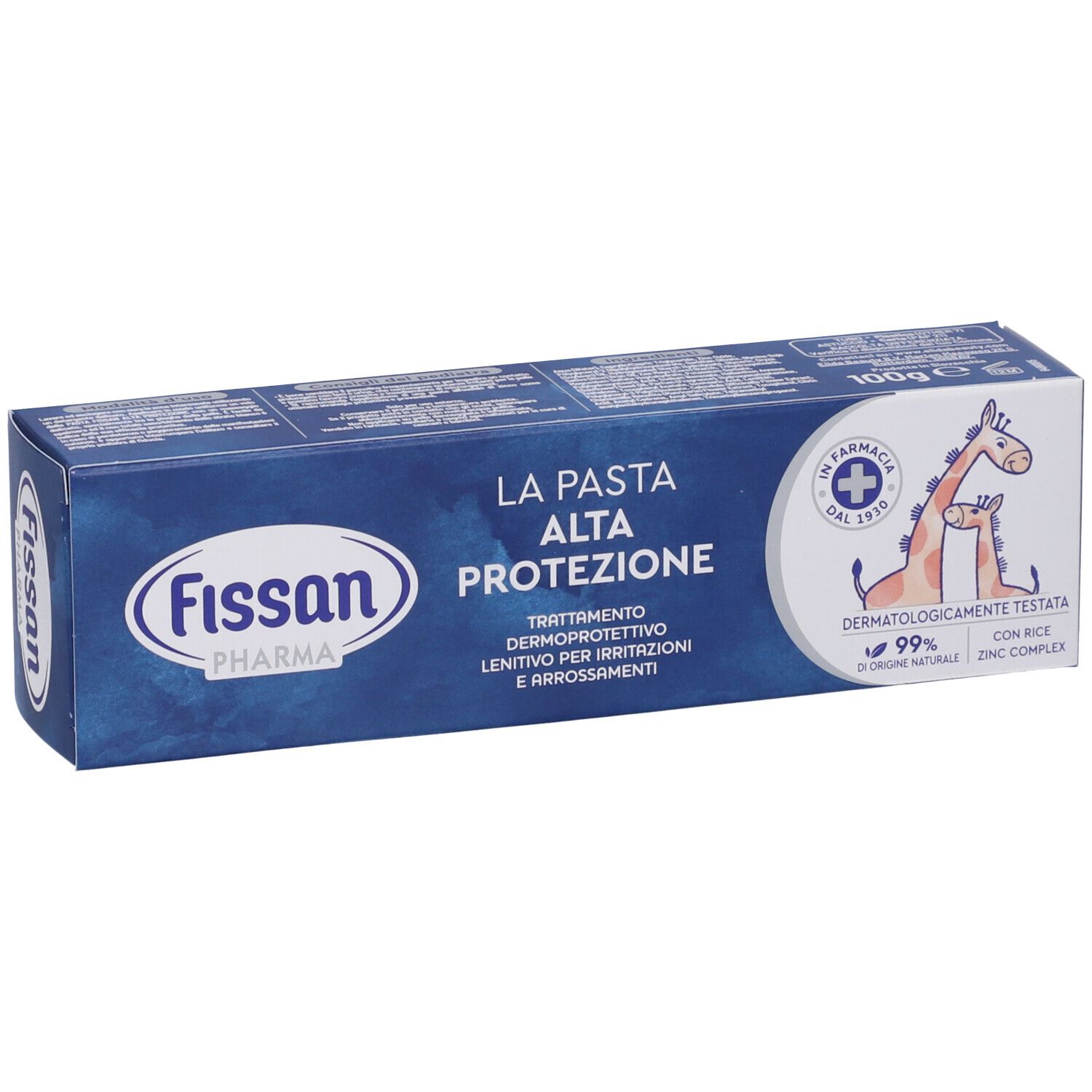 Verpackung von Fissan Pharma La Pasta Alta Protezione. Blaue Schachtel mit Produktnamen und Logo. Giraffen-Illustration.