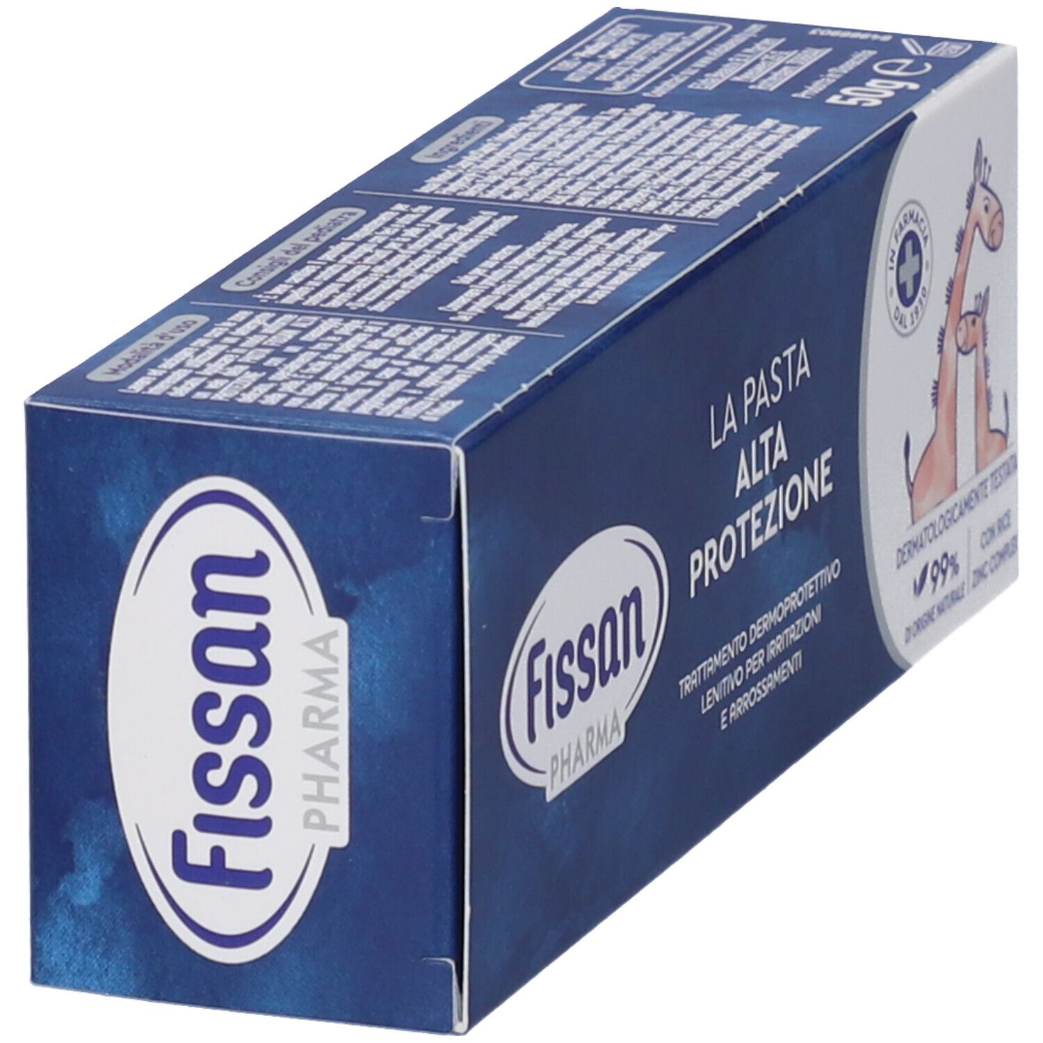 Schachtel mit Produktnamen und Logo. Enthält Text in italienischer Sprache. Abbildung von zwei Giraffen.