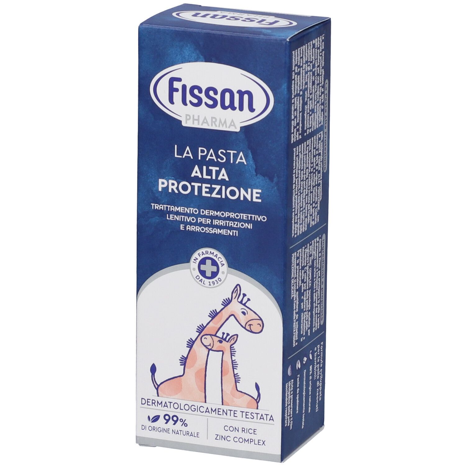 Blaue Schachtel mit Produktnamen und Logo. Enthält Text in italienischer Sprache. Abbildung von zwei Giraffen.