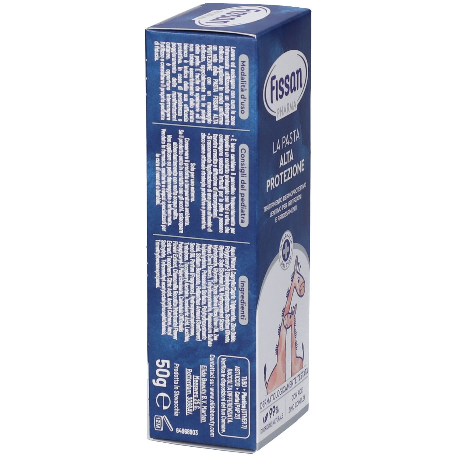 Blaue Schachtel mit Produktnamen und Logo. Enthält Text in italienischer Sprache. Abbildung von zwei Giraffen.
