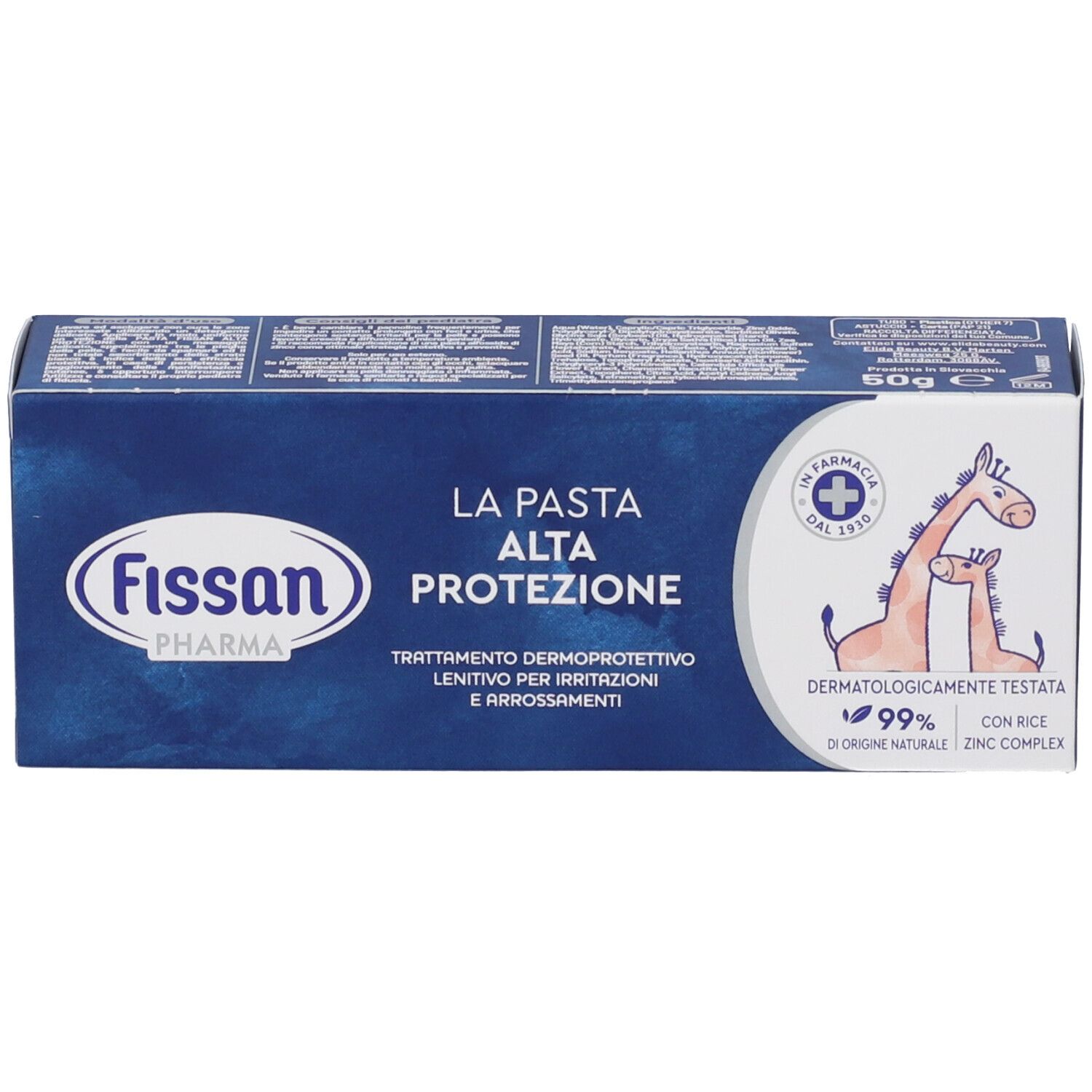 Blaue Schachtel mit Produktnamen und Logo. Enthält Text in italienischer Sprache. Abbildung von zwei Giraffen.