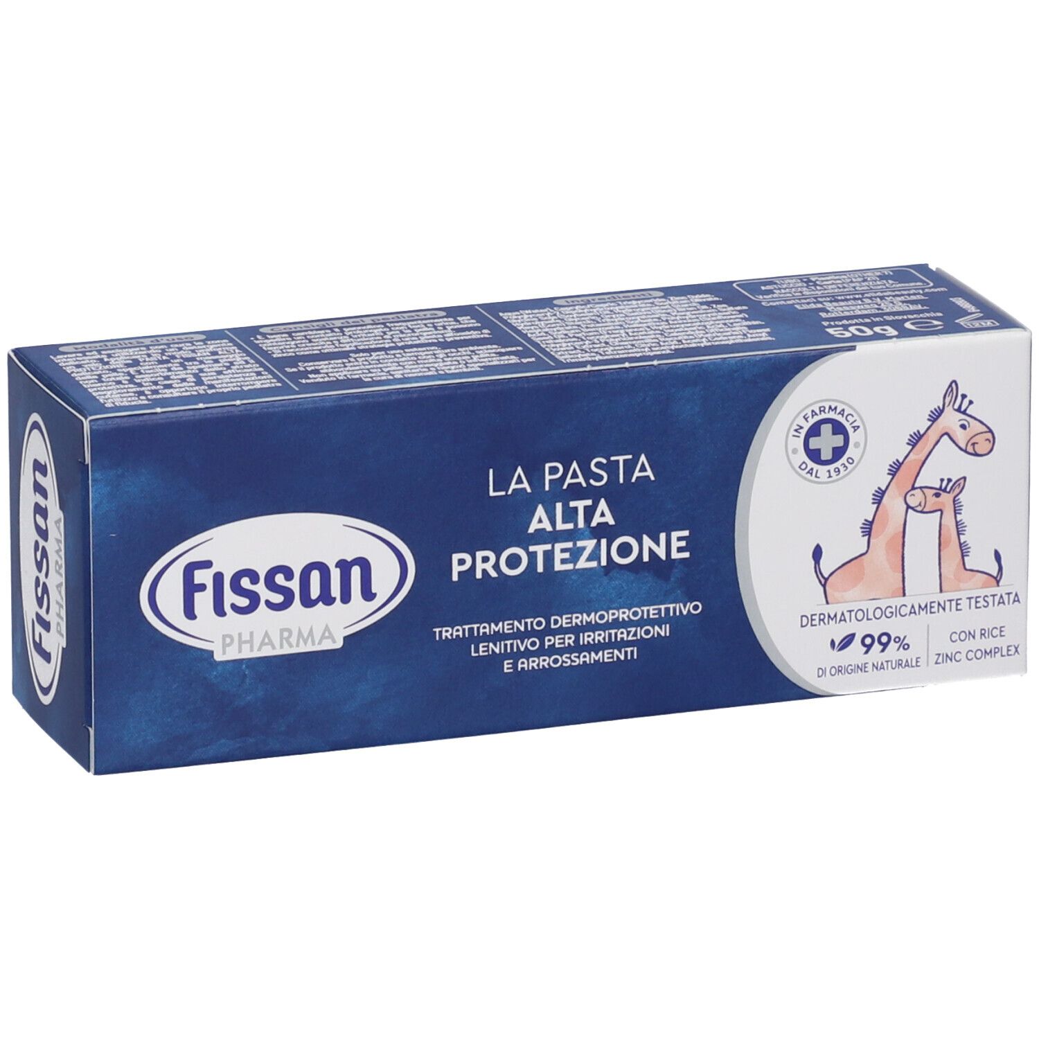 Blaue Schachtel mit Produktnamen und Logo. Enthält Text in italienischer Sprache. Abbildung von zwei Giraffen.