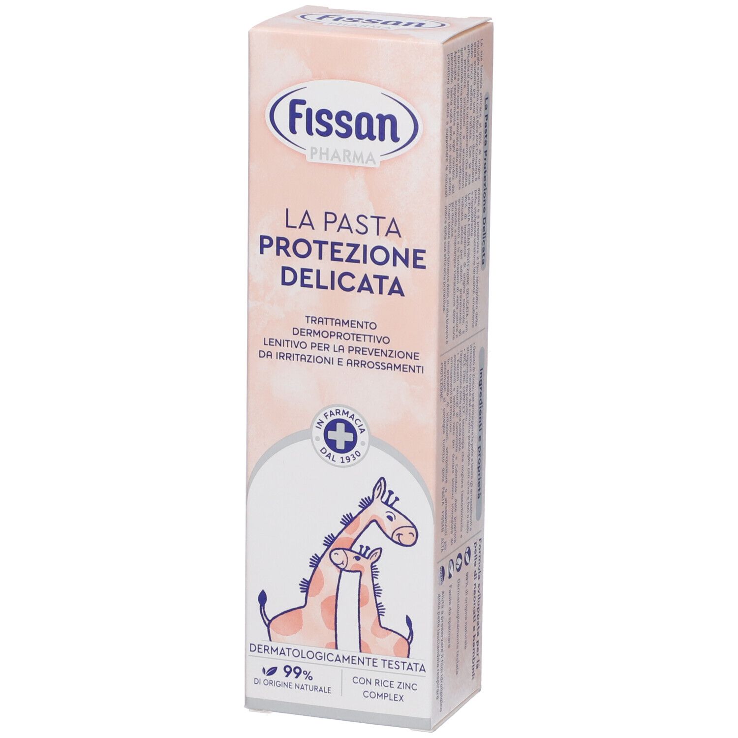 Hohe, rosa Verpackung mit Produktnamen und Logo. Text in italienischer Sprache. Giraffen-Illustration.