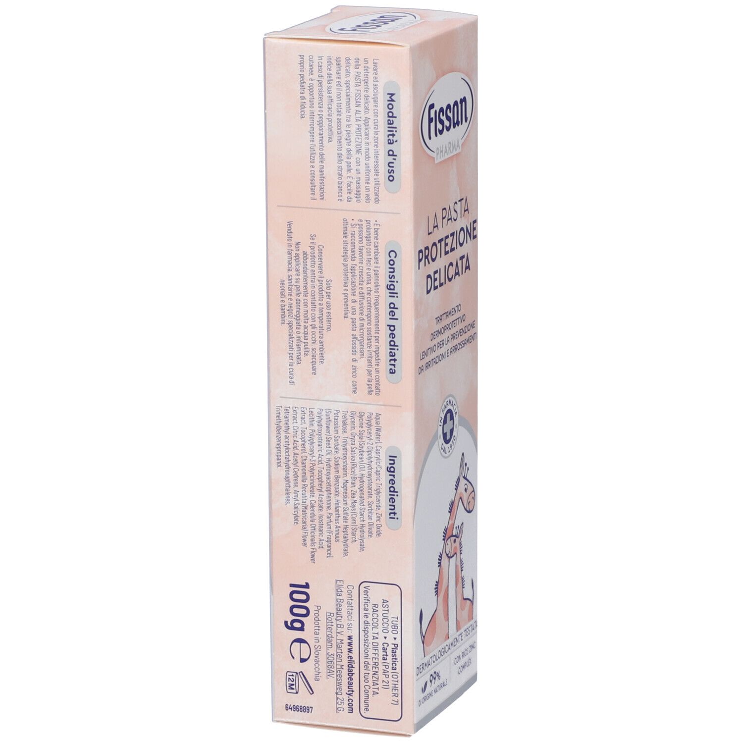 Rückseite der rosa Verpackung. Enthält Text in italienischer Sprache. Informationen zu Inhaltsstoffen und Anwendung.