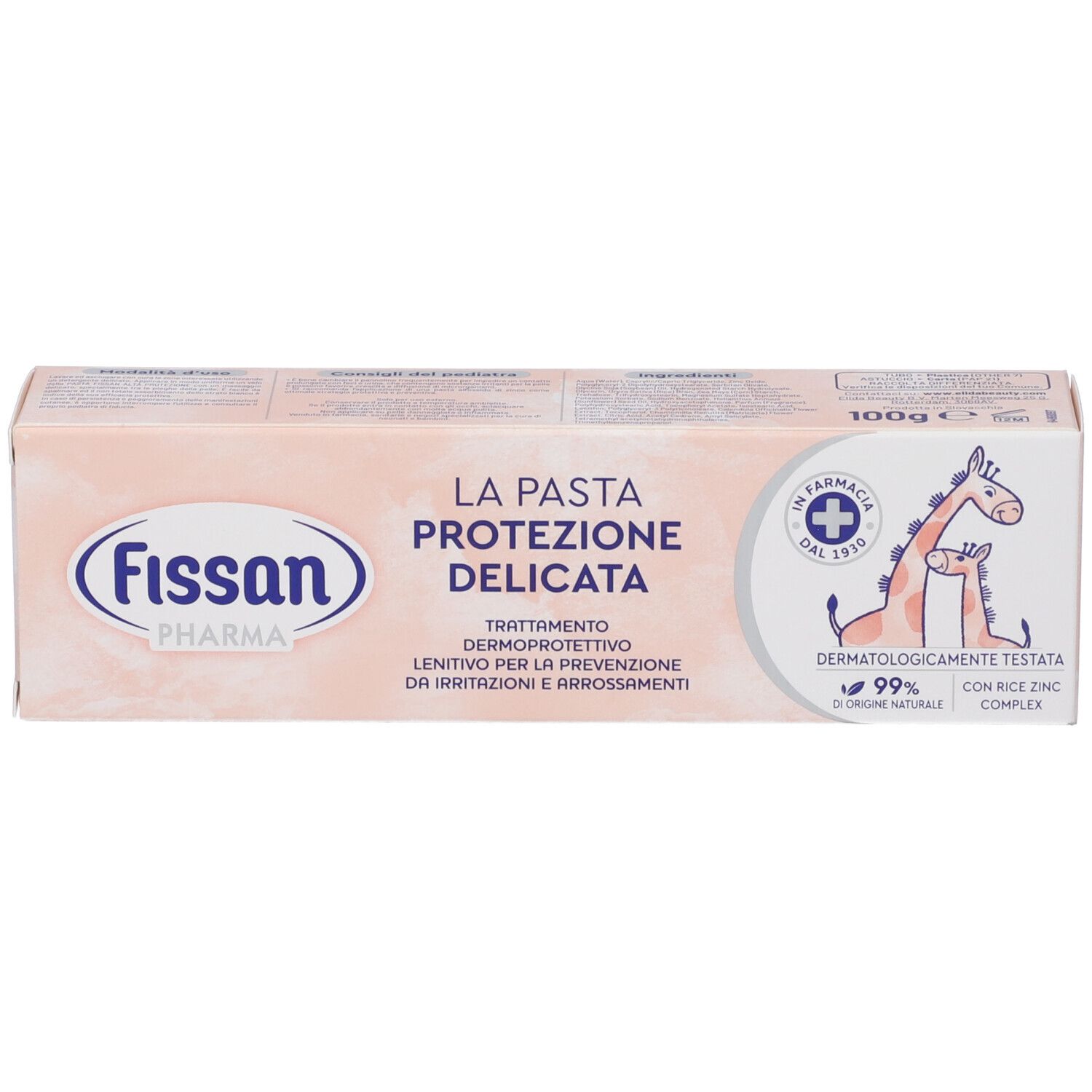 Rosa Verpackung mit Produktnamen und Logo. Text in italienischer Sprache. Giraffen-Illustration und Apotheken-Logo.