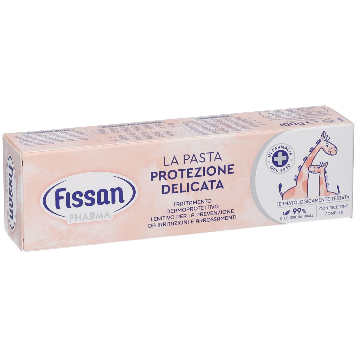 Rosa Verpackung mit Produktnamen und Logo. Text in italienischer Sprache. Giraffen-Illustration und Apotheken-Logo.