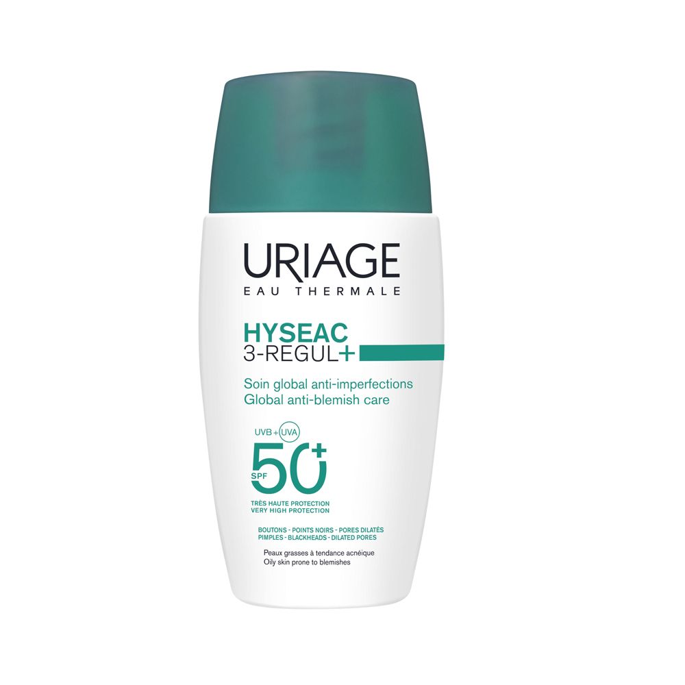 Uriage Hyseac 3-Regul+ SPF 50+ Flasche. Weiß, grüner Deckel. Text: Eau Thermale, SPF 50+, Global anti-blemish care.