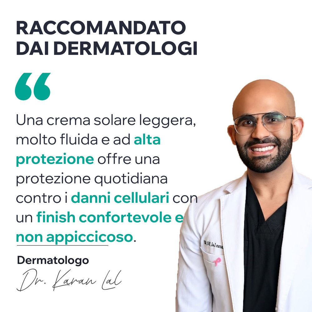 Arzt mit Brille. Text: Leichte, flüssige Sonnencreme mit hohem Schutz. Dermatologe Dr. Karan Lal.