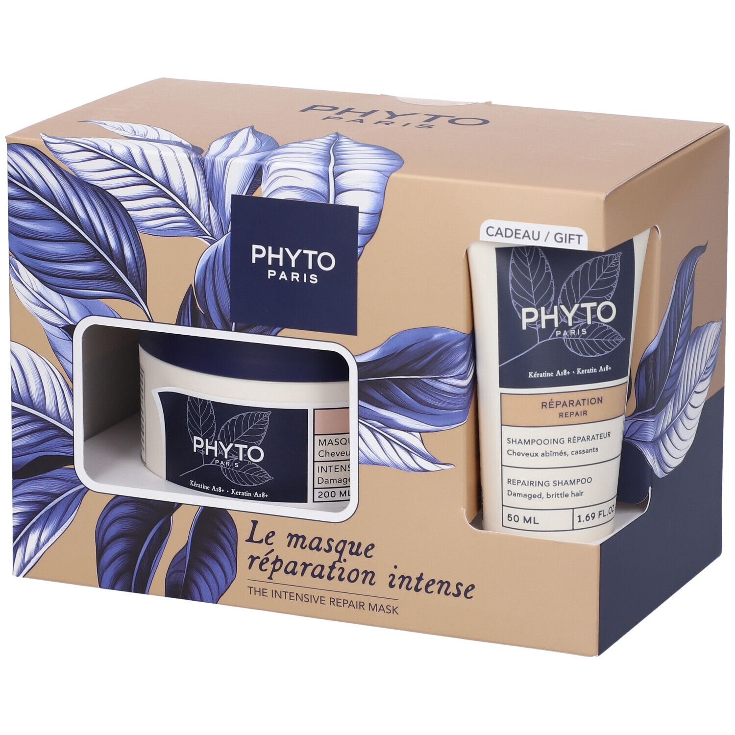 Geschenkset mit Shampoo und Haarmaske. Karton mit Produktabbildung und Markenlogo. Enthält zwei Produkte.