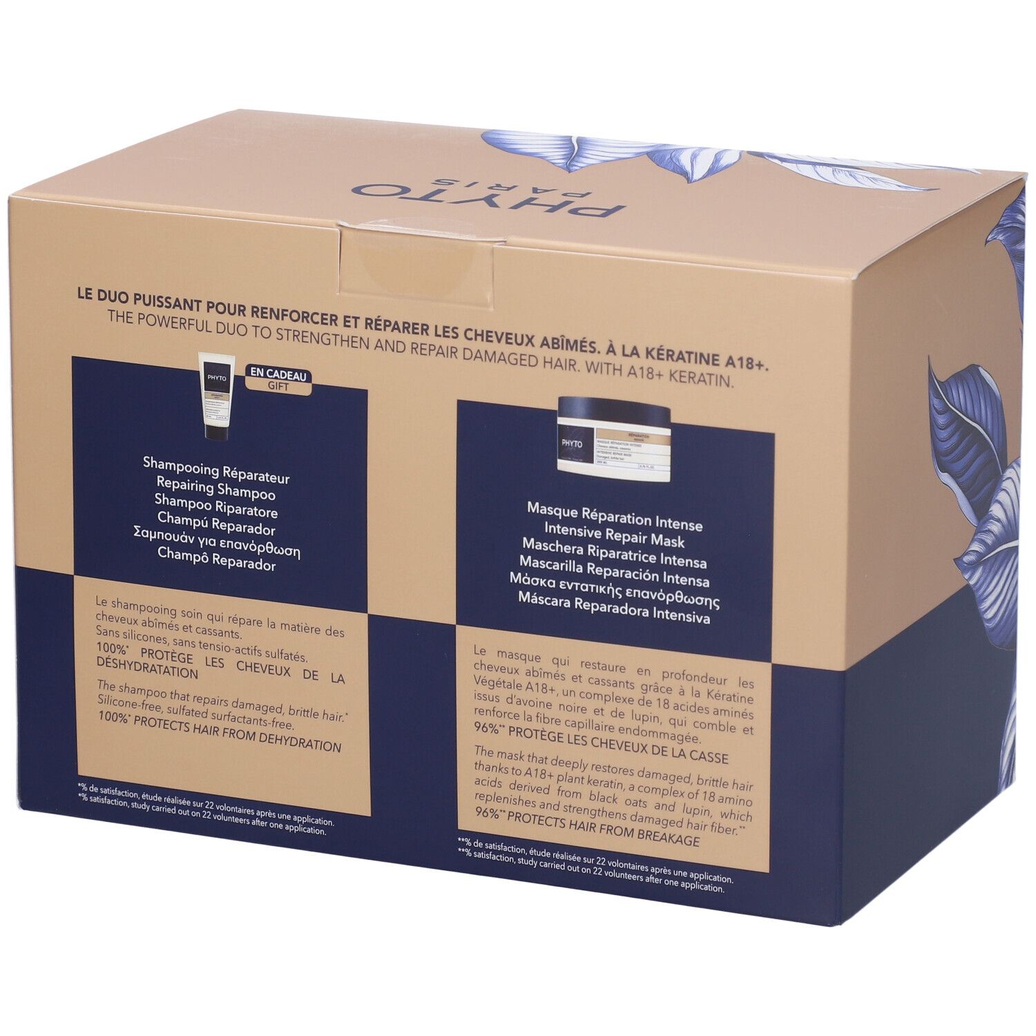 Rückseite der Geschenkbox mit Produktinformationen. Text in mehreren Sprachen. Enthält Shampoo und Haarmaske.
