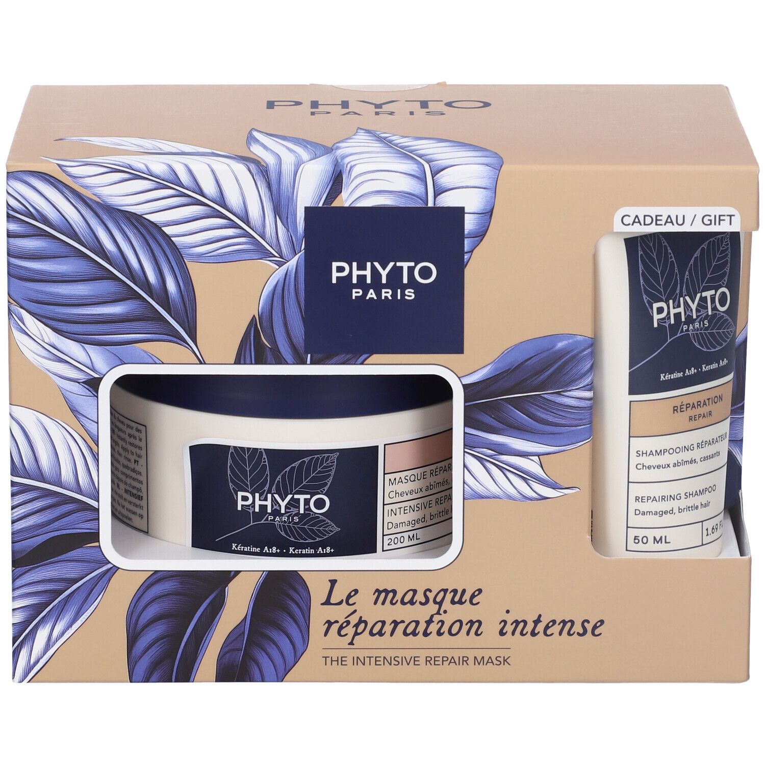 Geschenkset mit Shampoo und Haarmaske. Karton mit Produktabbildung und Markenlogo. Enthält zwei Produkte.